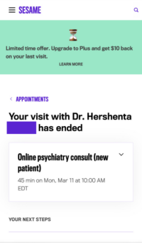 Screenshot of Sesame Care post-appointment overview