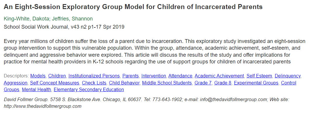 An Eight-Session Exploratory Group Model for Children of Incarcerated Parents