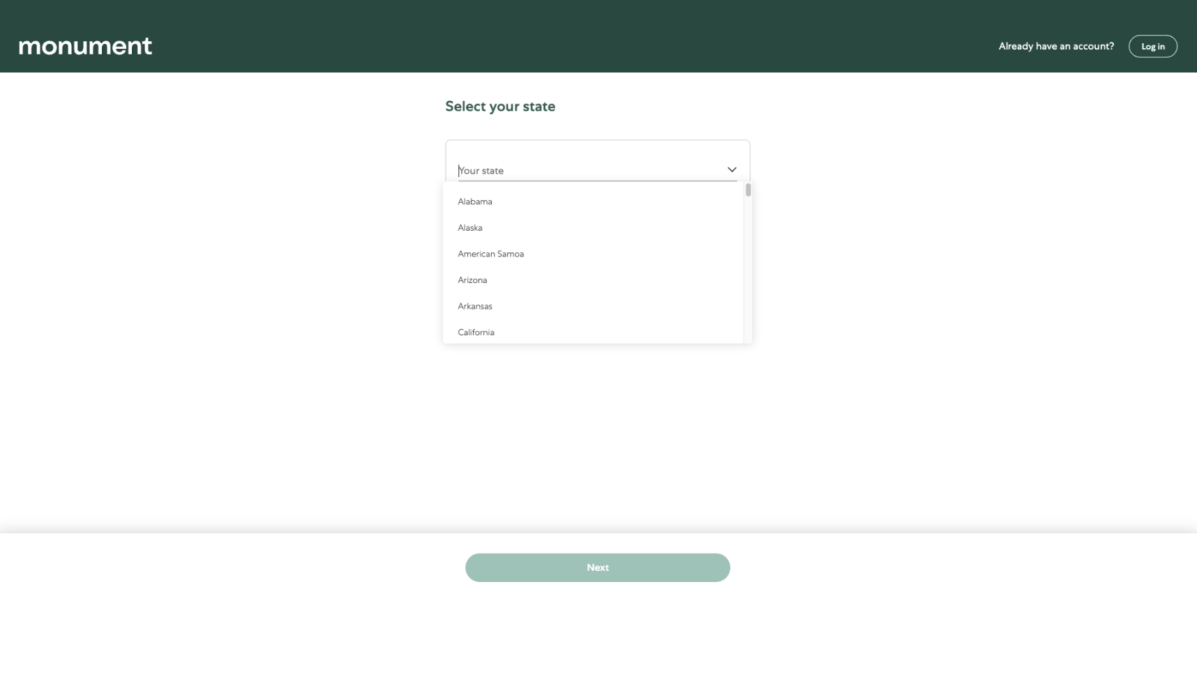Screenshot of Monument state selection page for sign-up