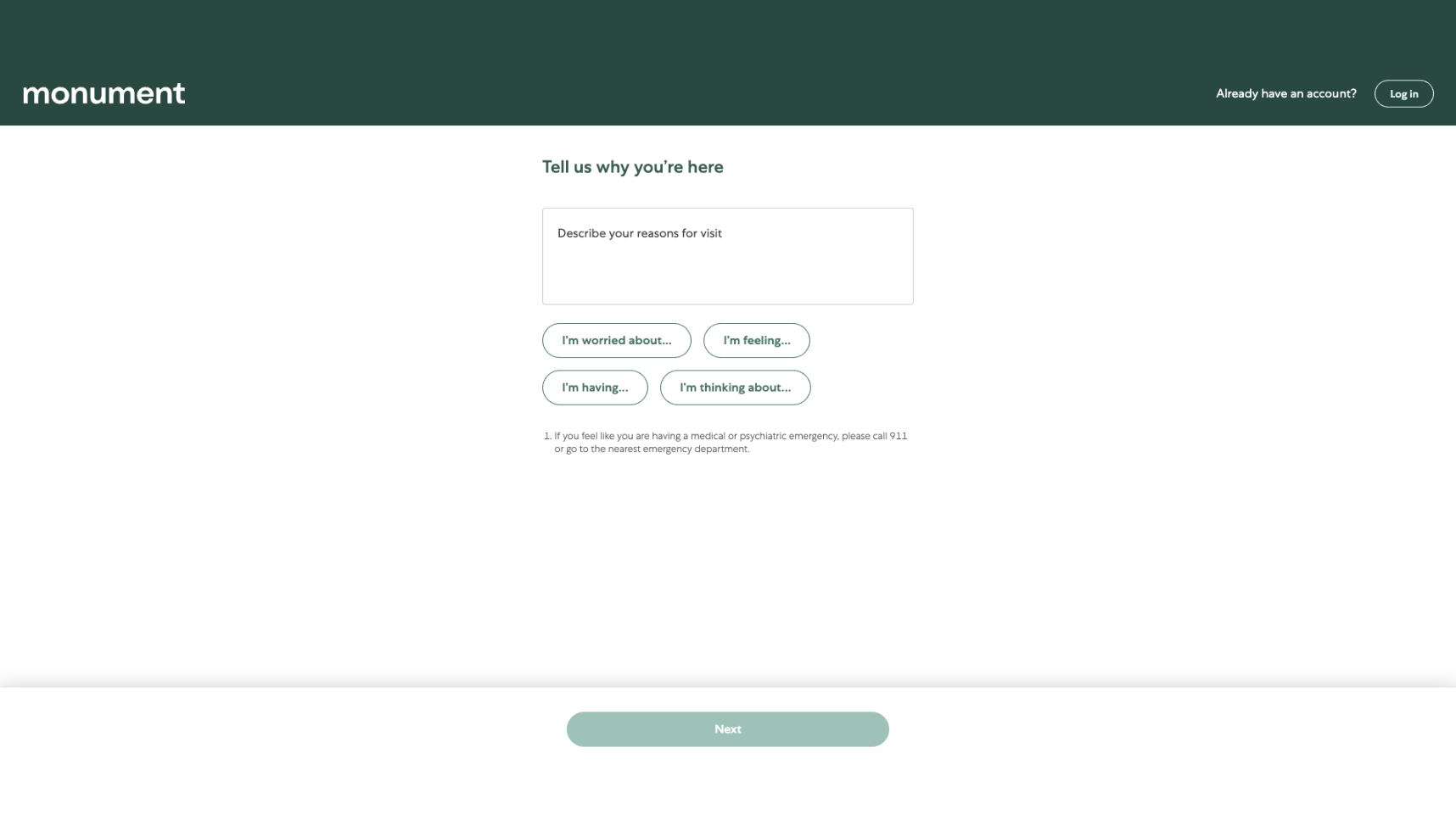 Screenshot of Monument sign-up page asking user for reason of visit
