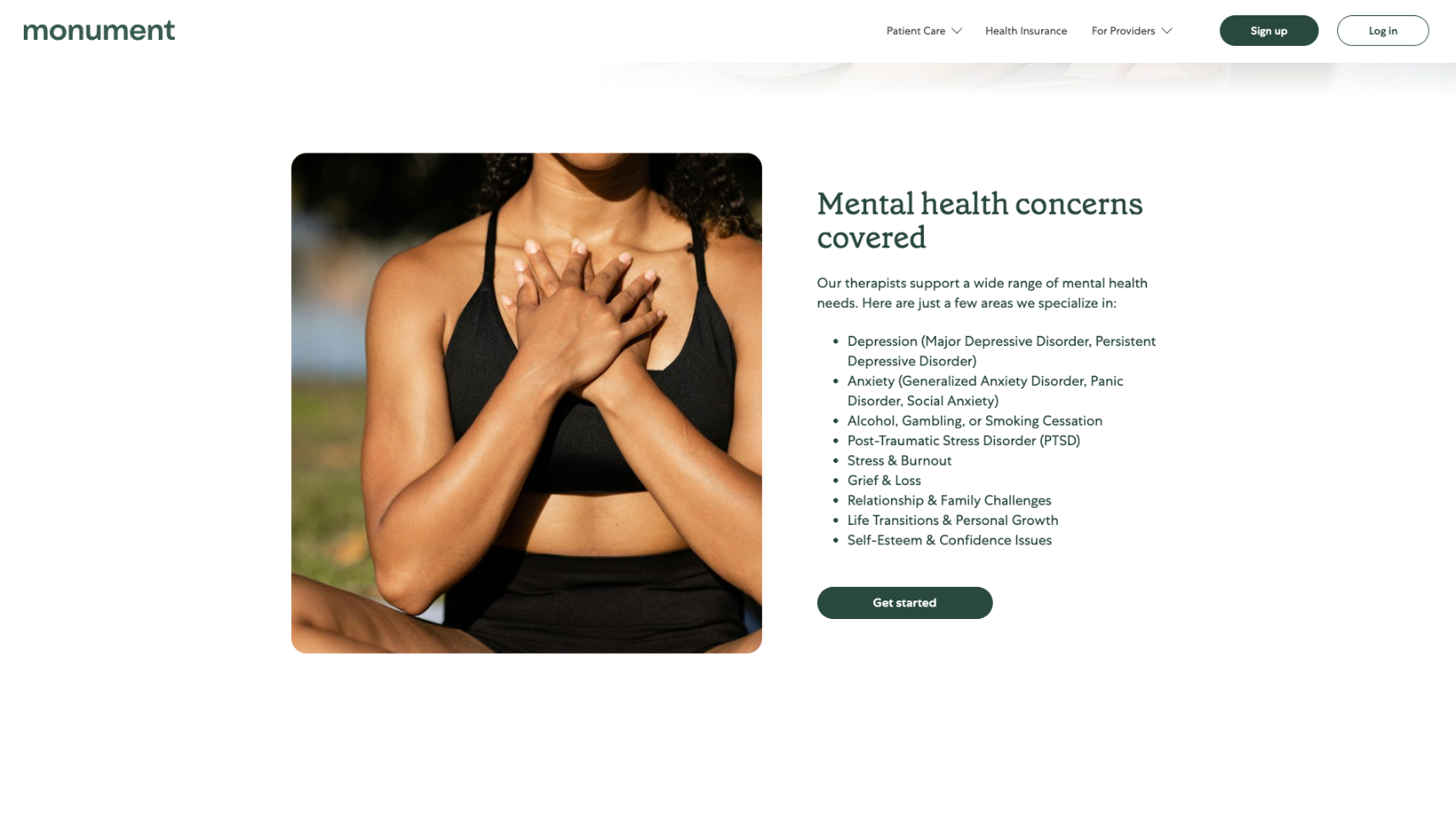 Screenshot of mental health offerings from Monument