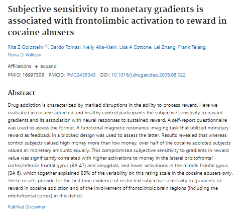 Subjective sensitivity to monetary gradients is associated with frontolimbic activation to reward in cocaine abusers