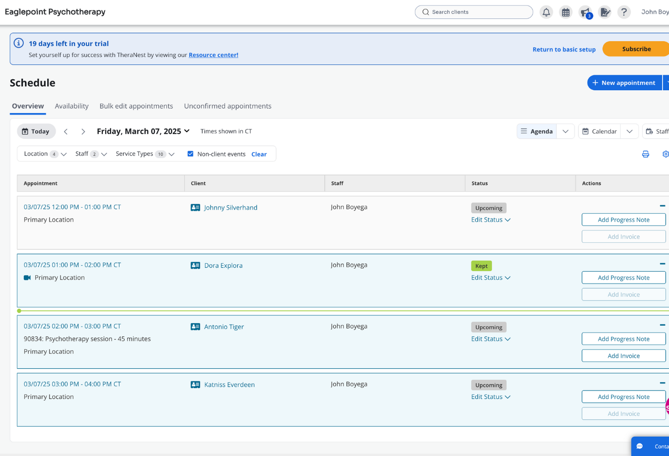 Image of TheraNest main dashboard