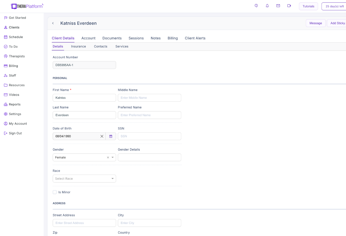 Image of TheraPlatform client face sheet
