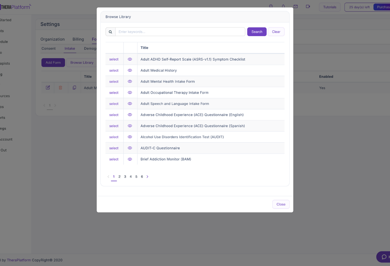 Image of TheraPlatform intake form library