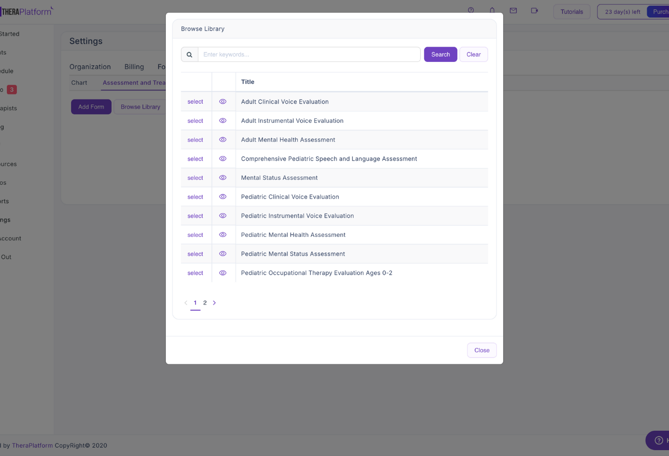 Image of TheraPlatform treatment plan template selection