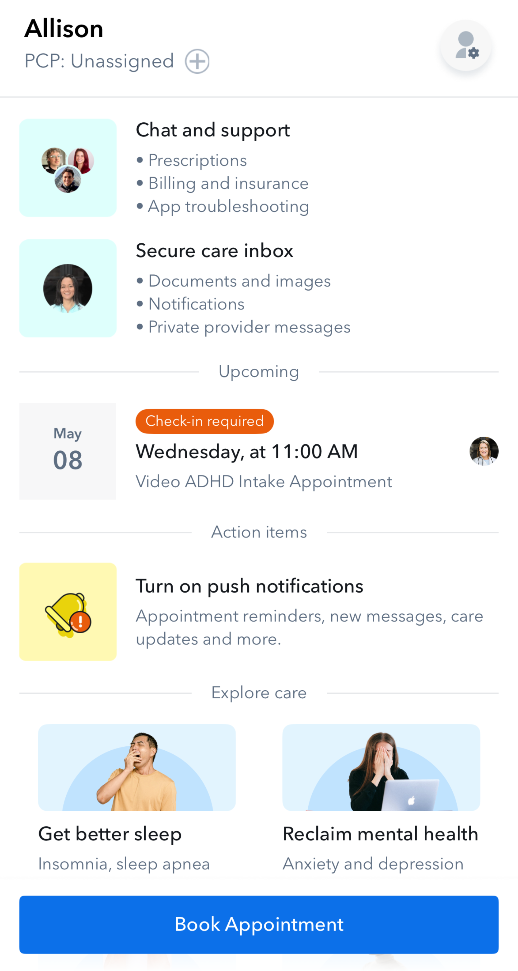 Image of patient home page in Circle Medical app