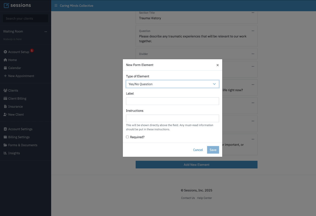Image of Sessions Health adding an element to a template
