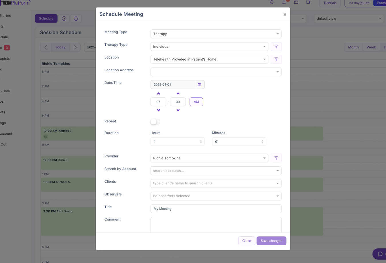 Image of TheraPlatform adding a session