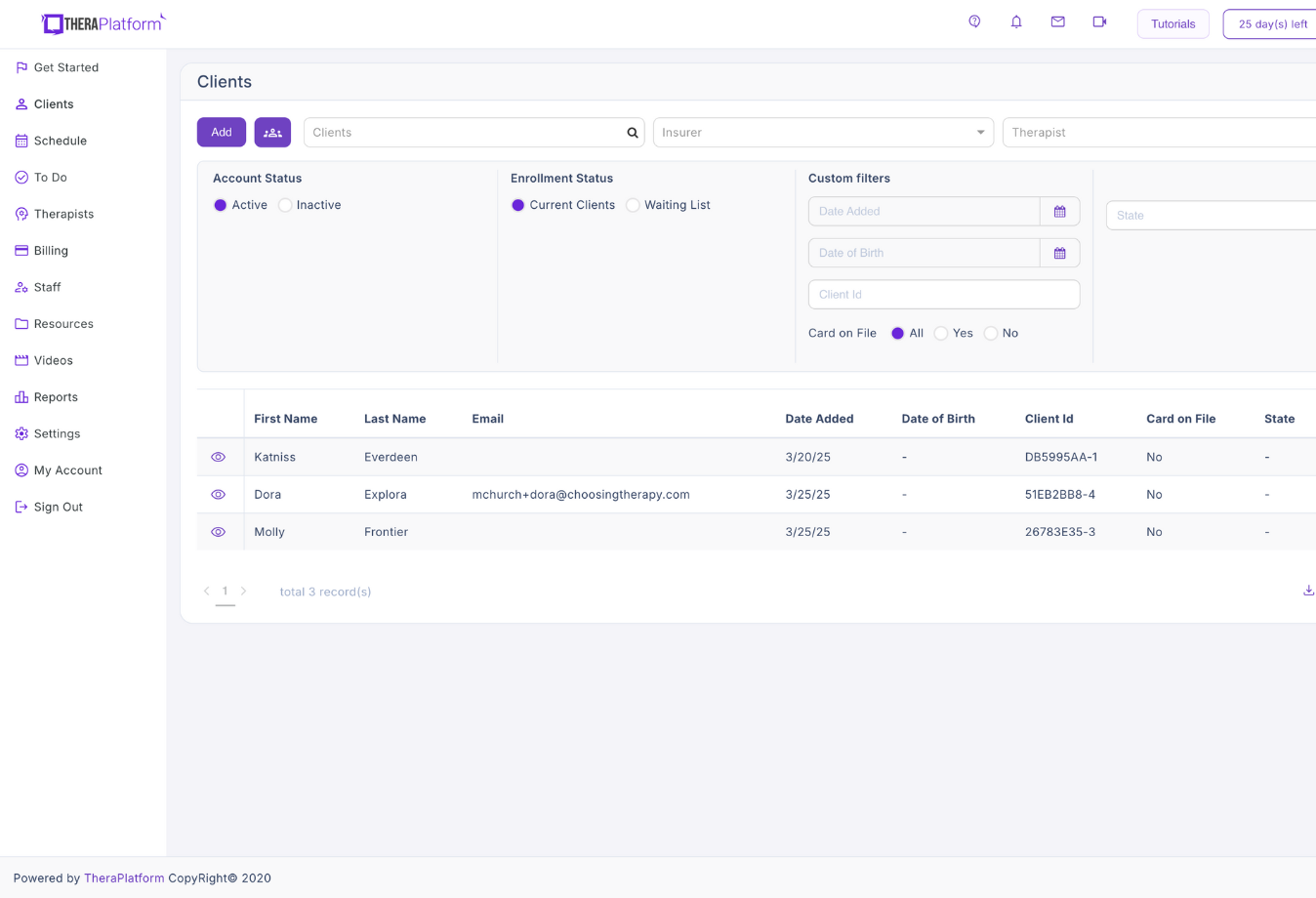 Image of TheraPlatform client list
