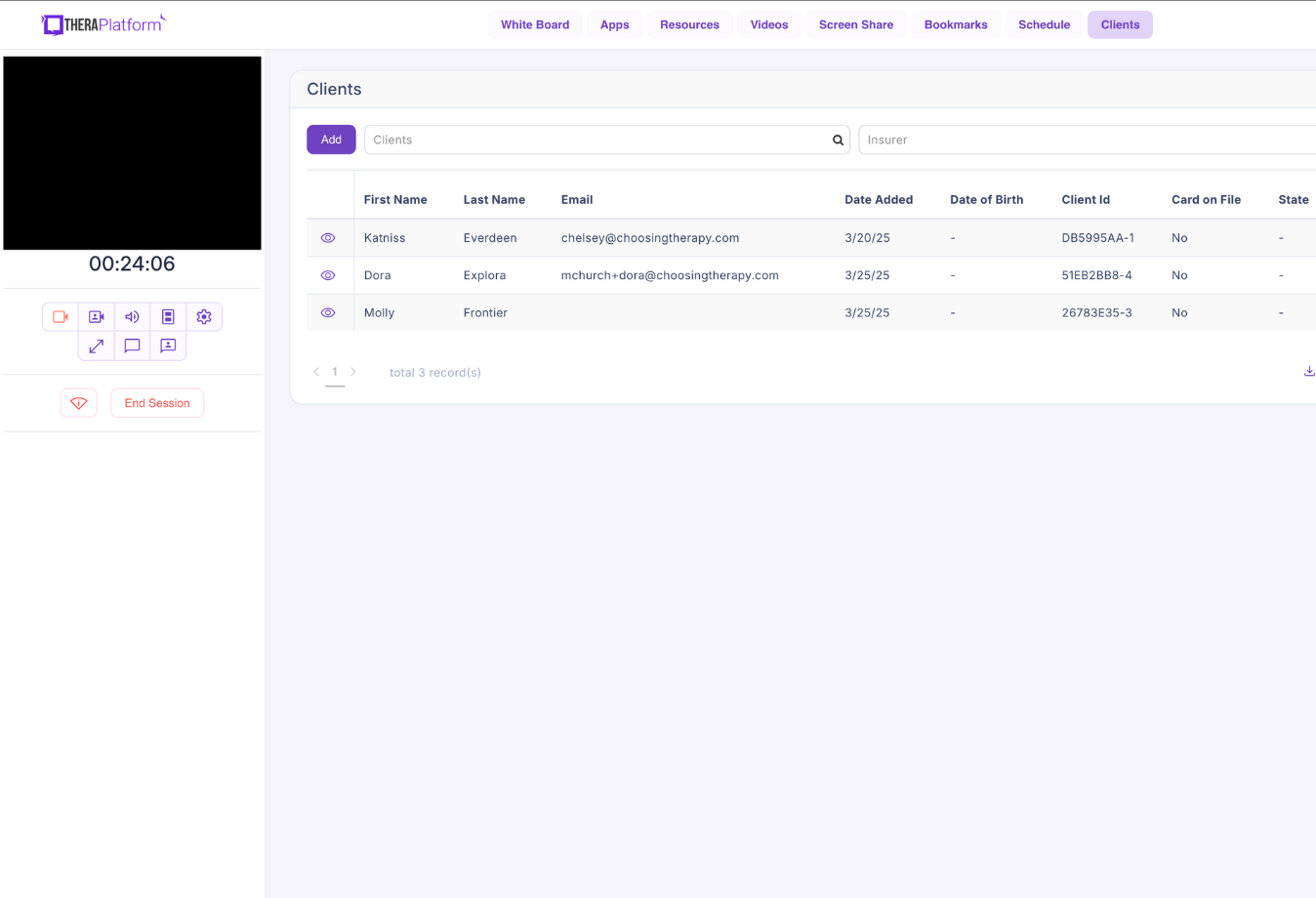 Image of TheraPlatform in-session client list