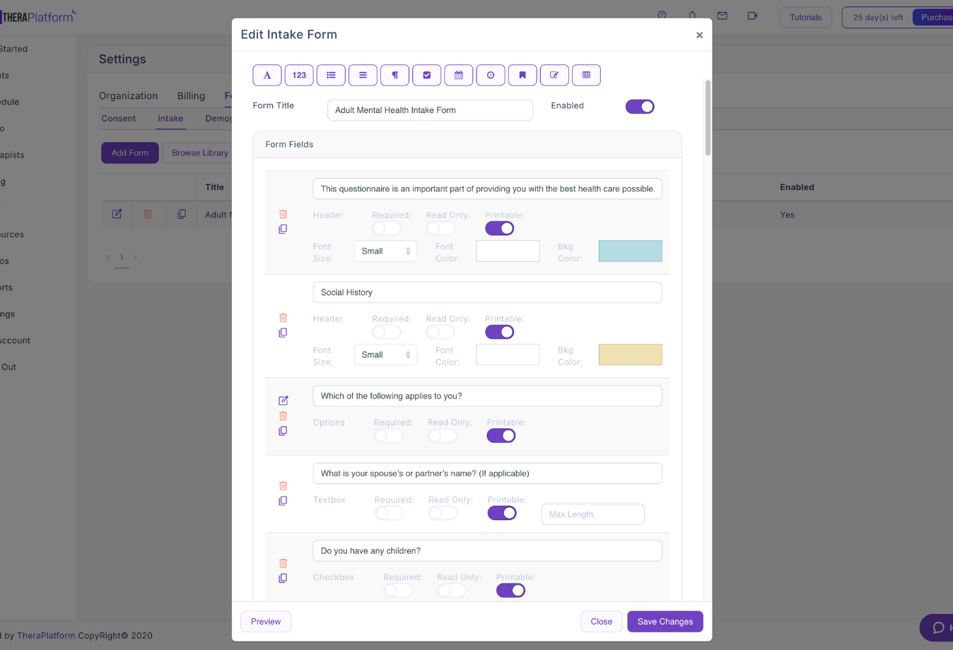 Image of TheraPlatform intake form customization