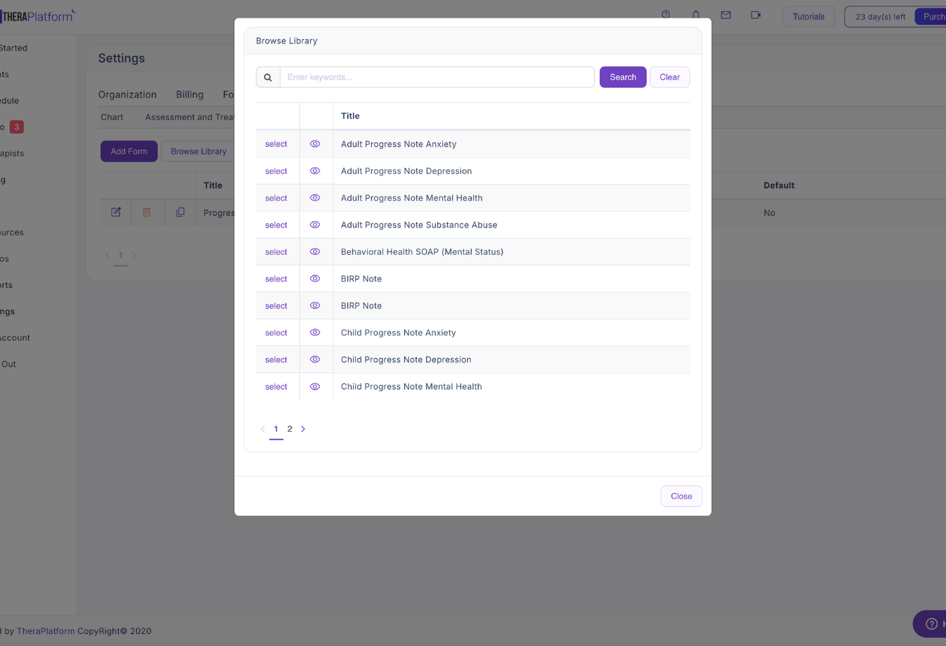 Image of TheraPlatform progress note template selection