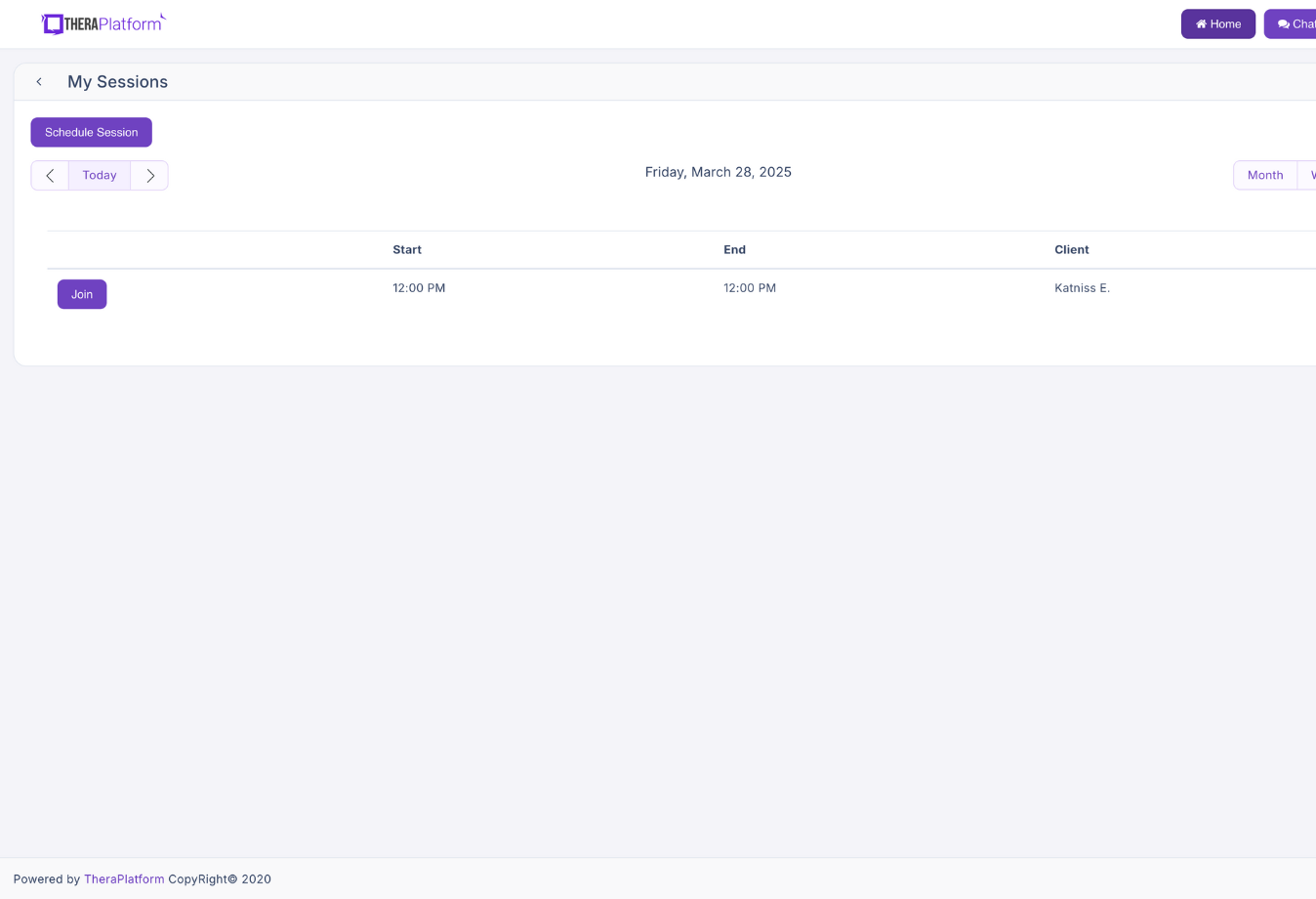 Image of TheraPlatform client portal session view