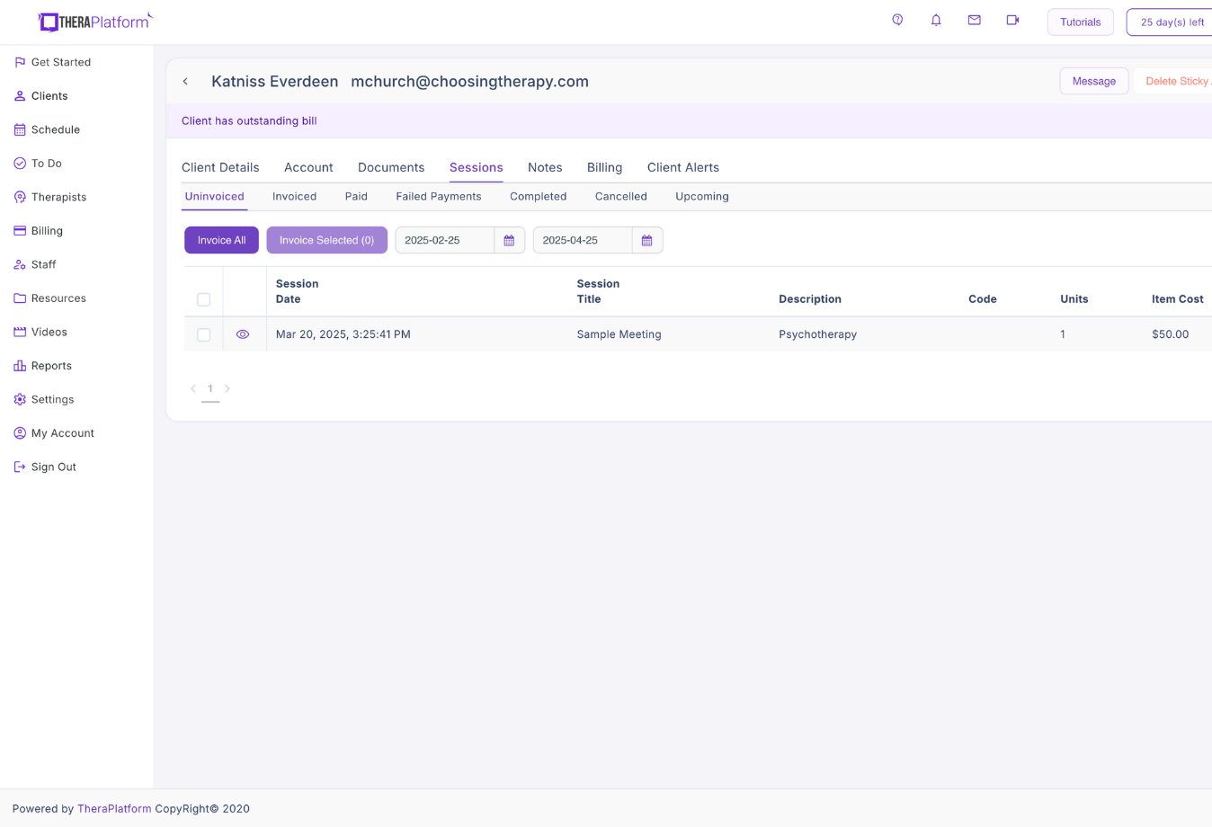 Image of TheraPlatform client session view
