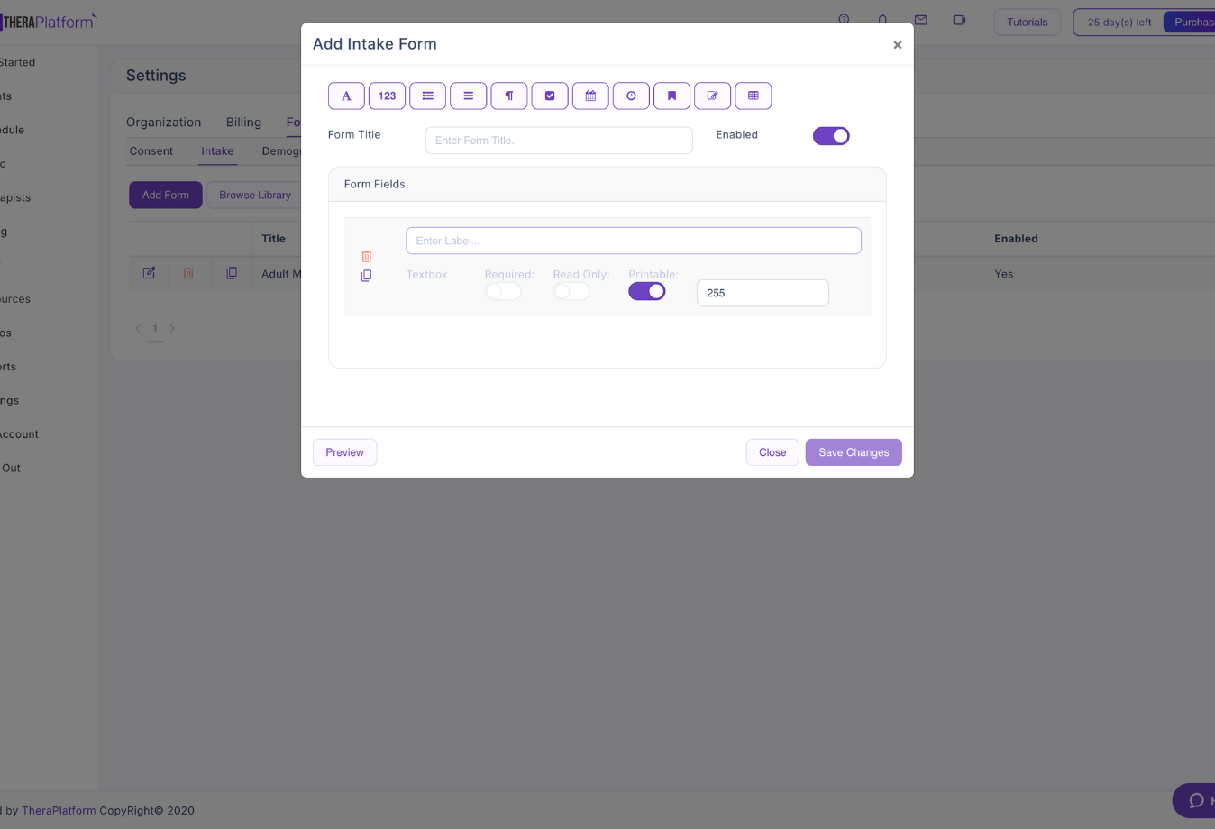 Image of TheraPlatform intake form builder