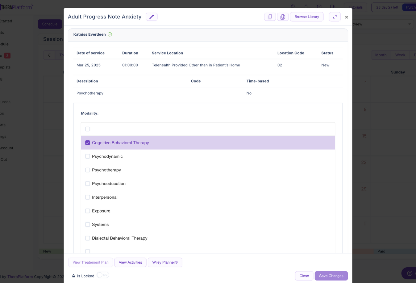 Image of TheraPlatform progress note creation