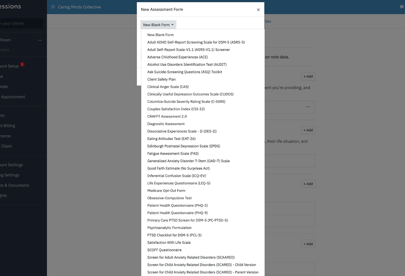 Image of Sessions Health assessment template list