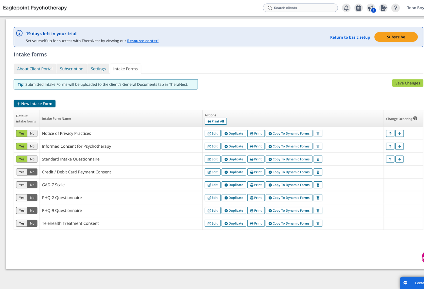 Image of TheraNest customizable intake forms