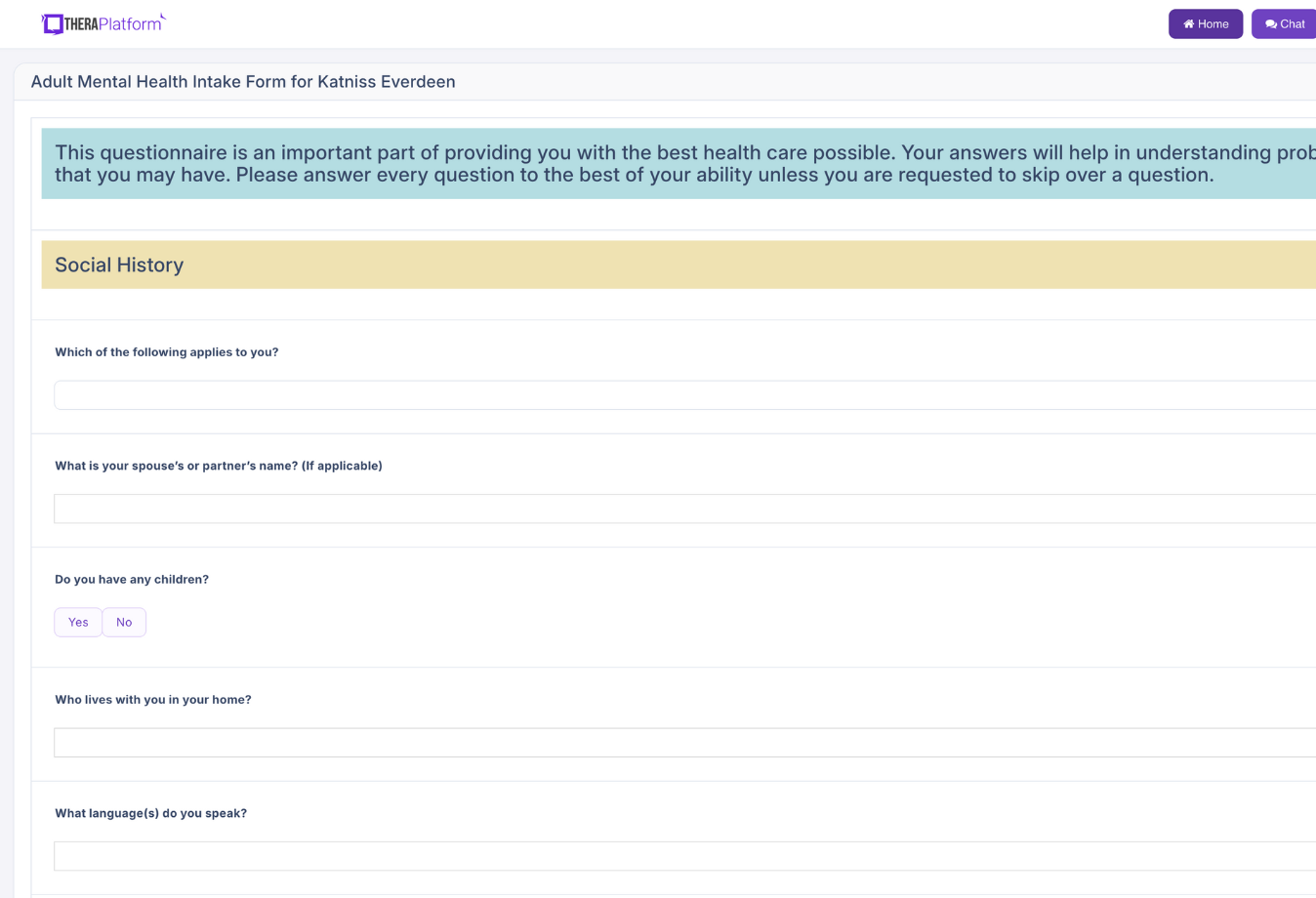 Image of TheraPlatform completing an intake form