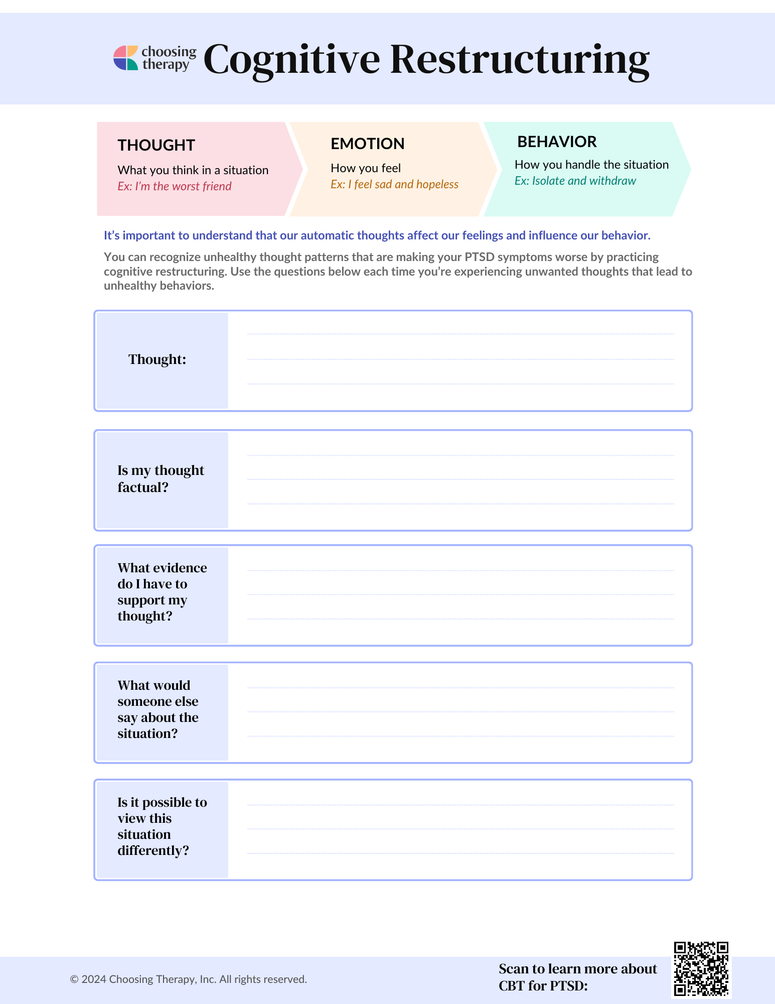 Cognitive Restructuring for PTSD Worksheet