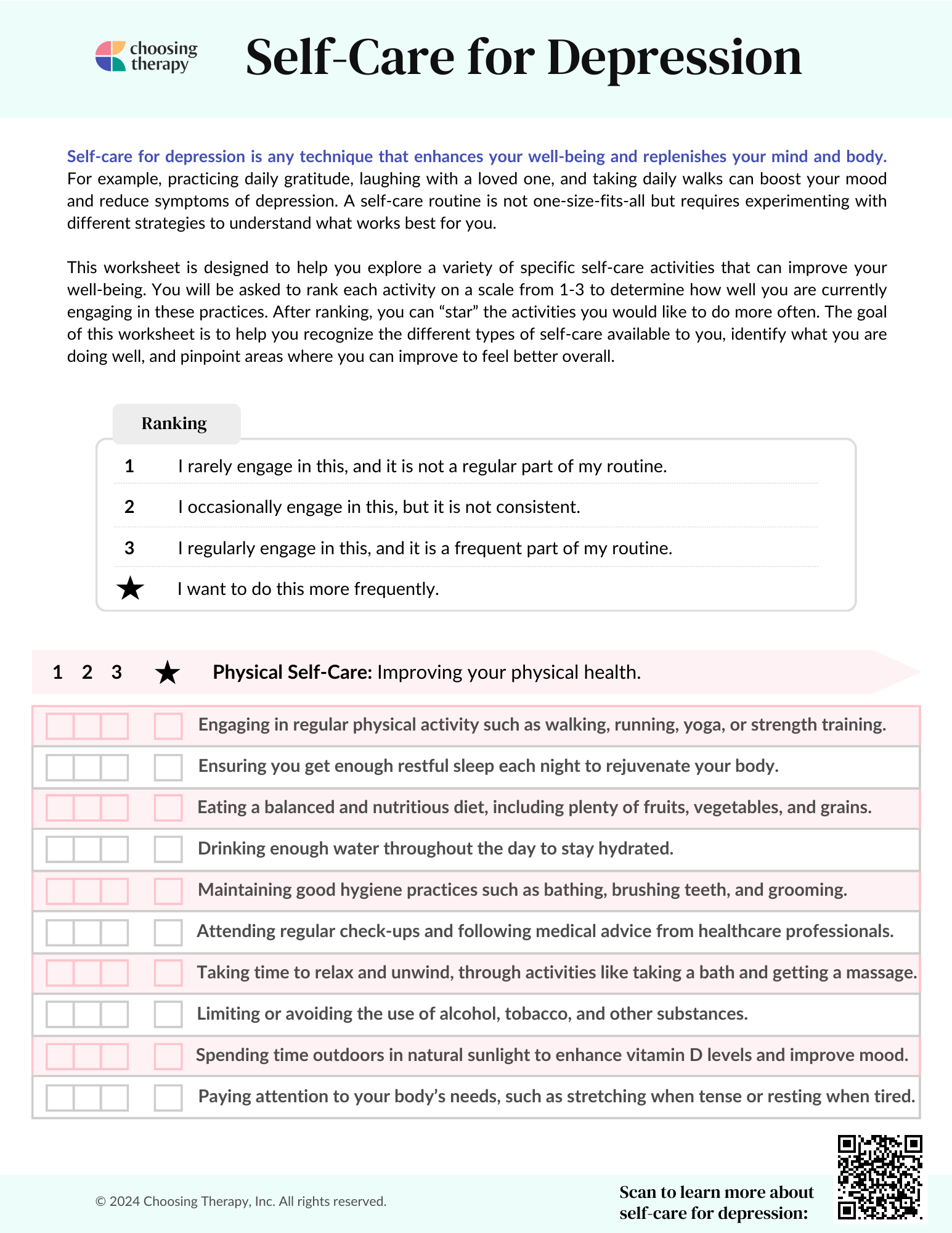 Self-Care for Depression Worksheet