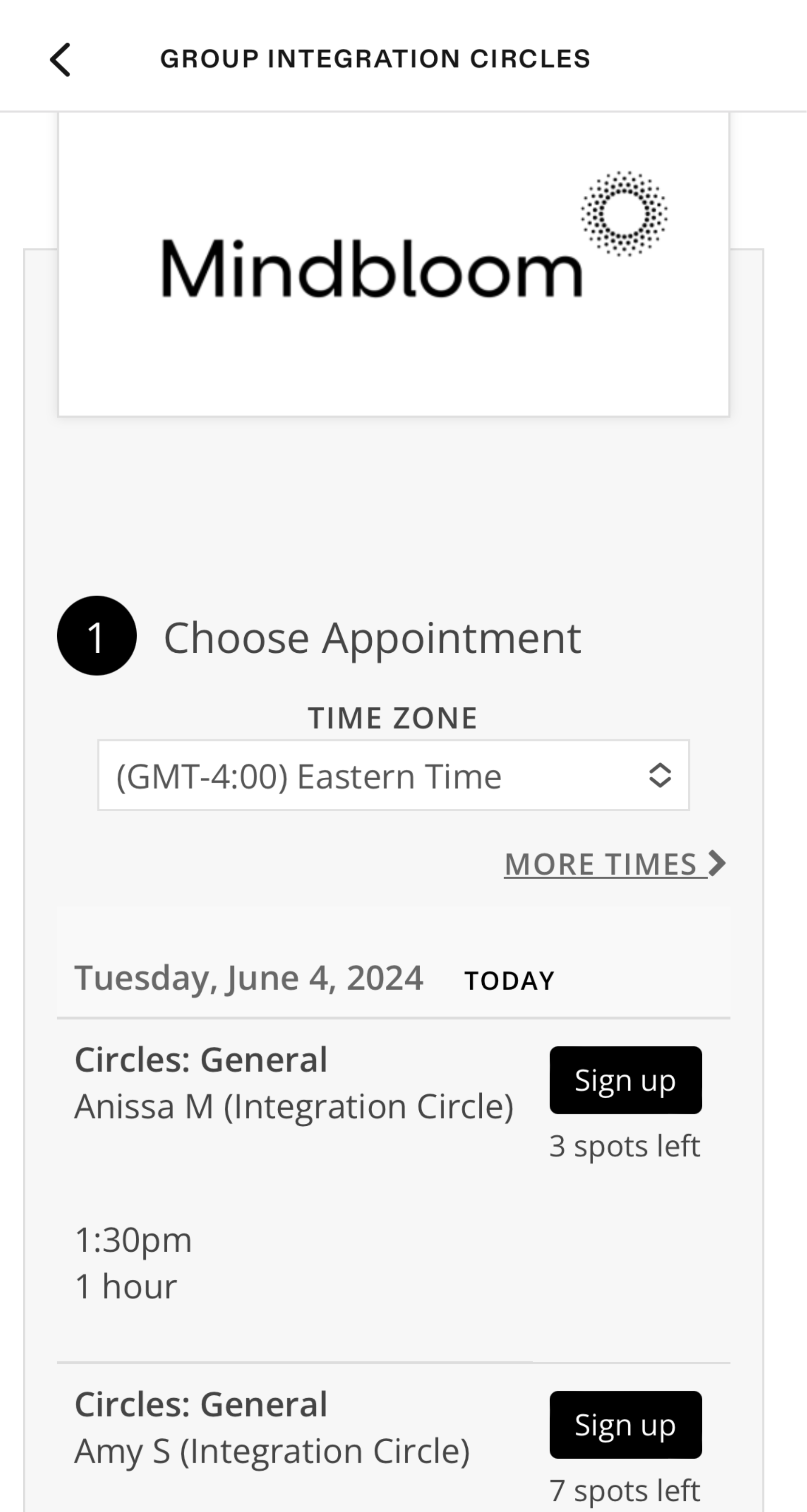 Image of scheduling a Mindbloom integration circle