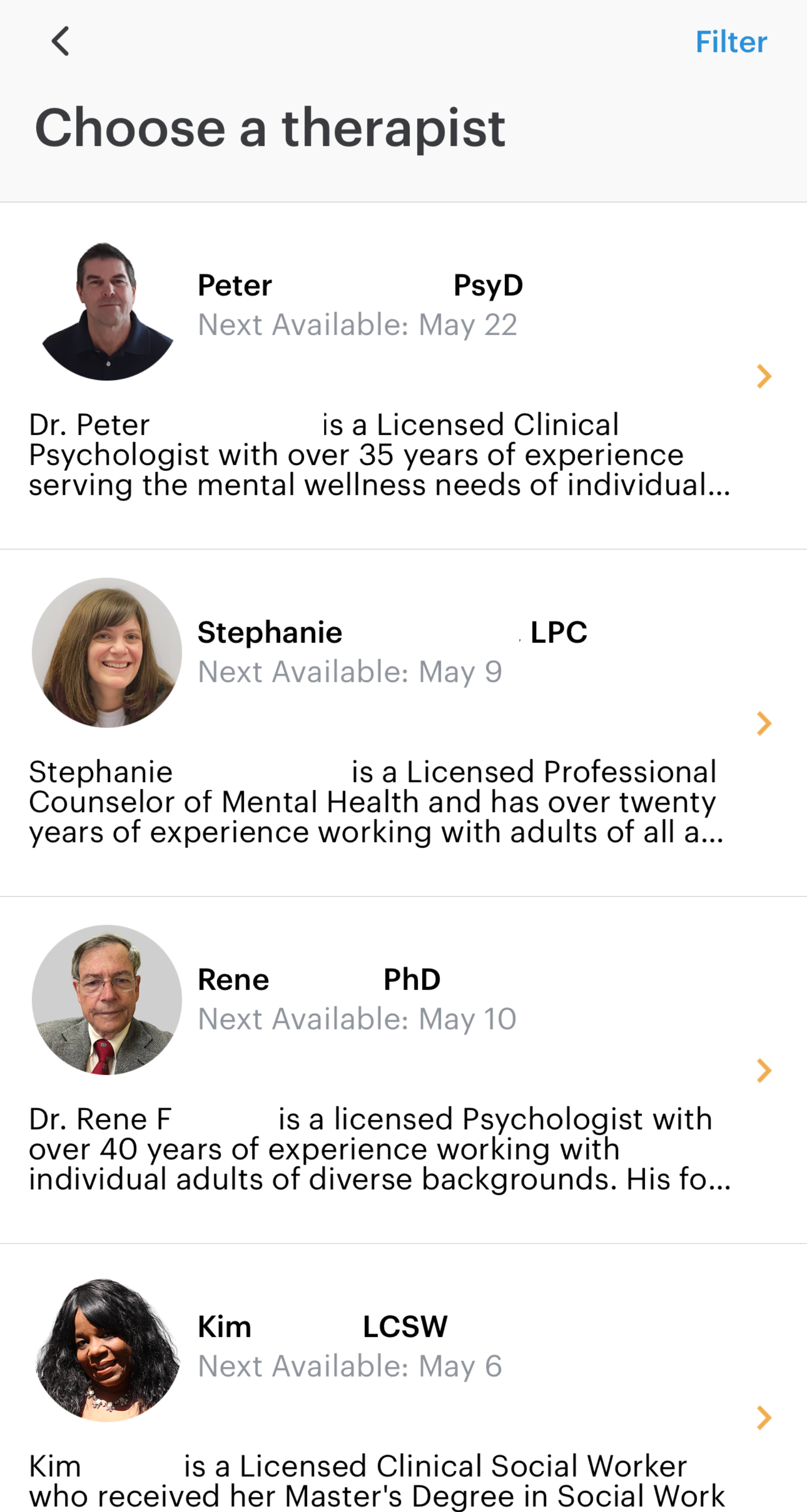 Doctor on Demand therapist directory and sample therapist listings