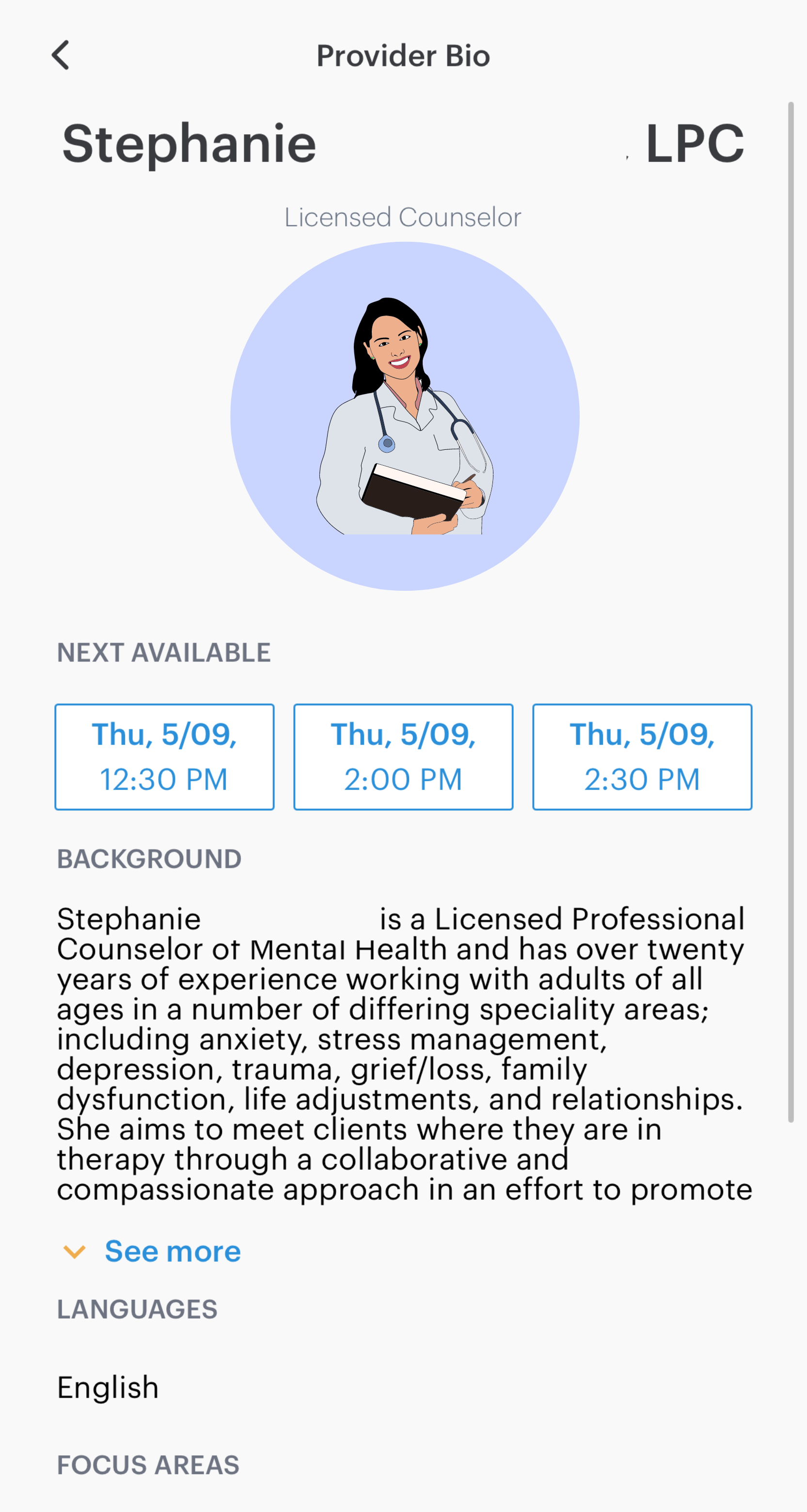 Sample therapist profile with Doctor on Demand