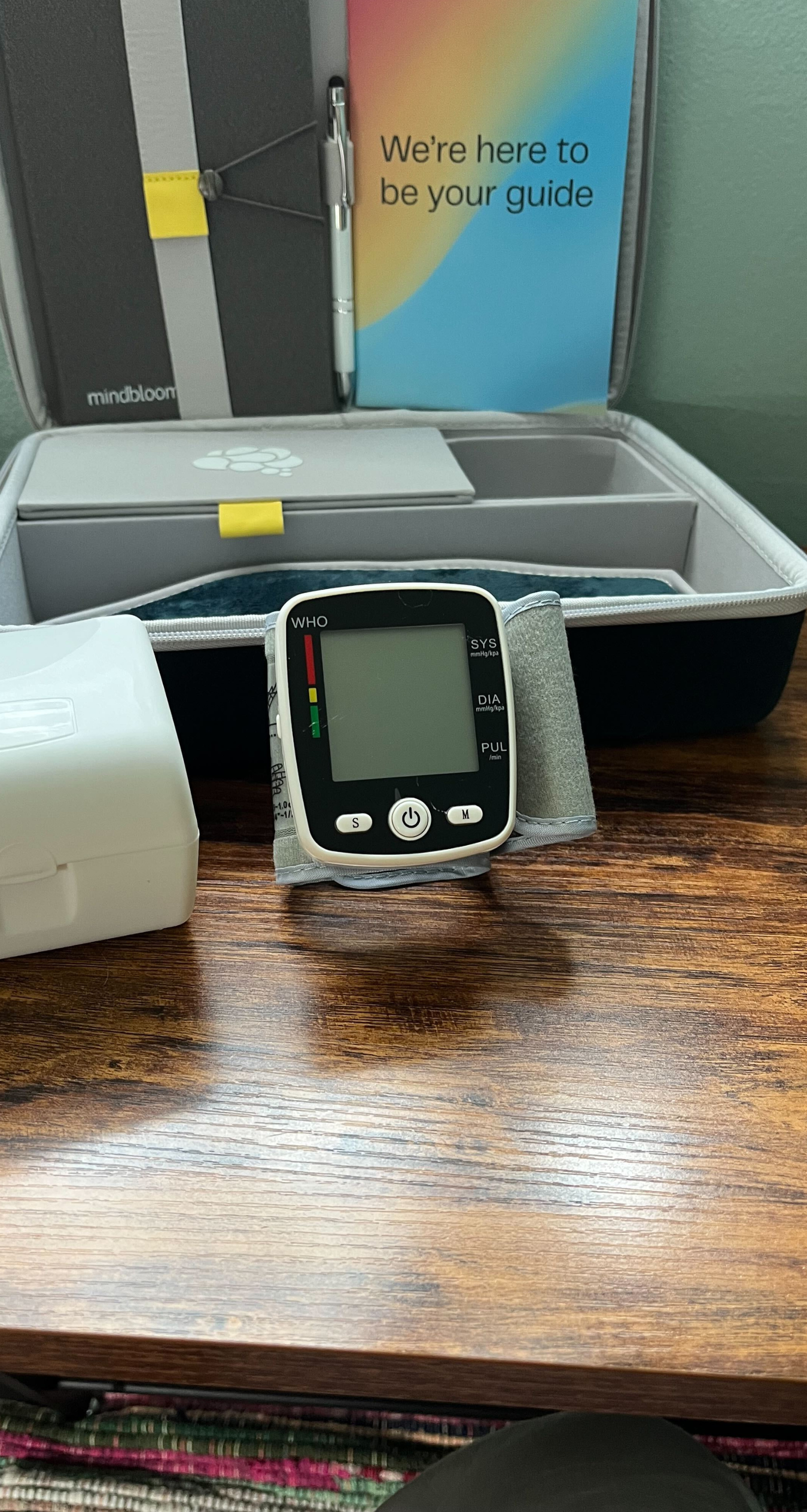 Photo of included wrist based blood pressure cuff from Mindbloom