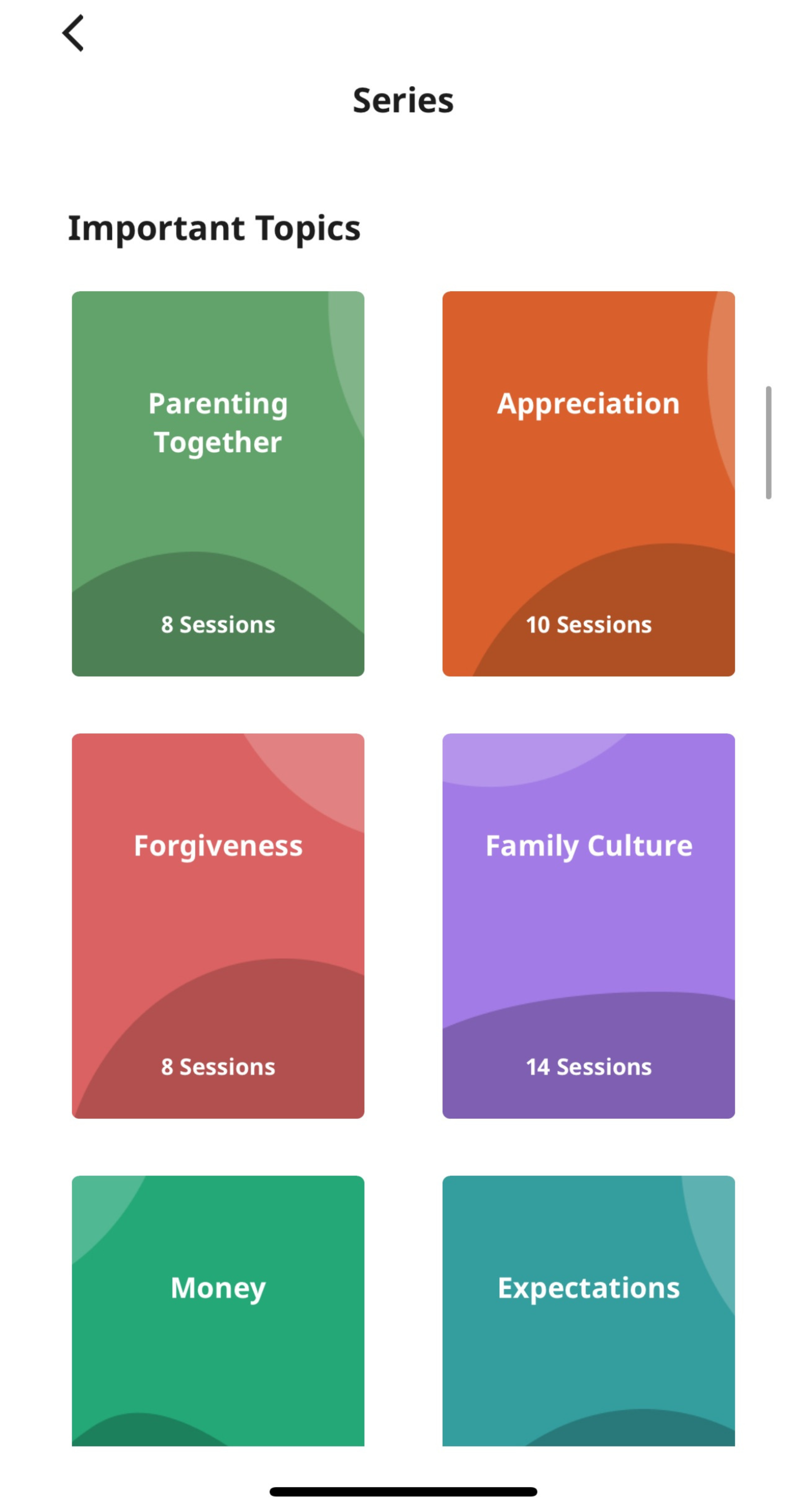 A screenshot from the Lasting app displaying a list of important relationship topics, such as "Parenting Together," "Appreciation," "Forgiveness," "Family Culture," "Money," and "Expectations."