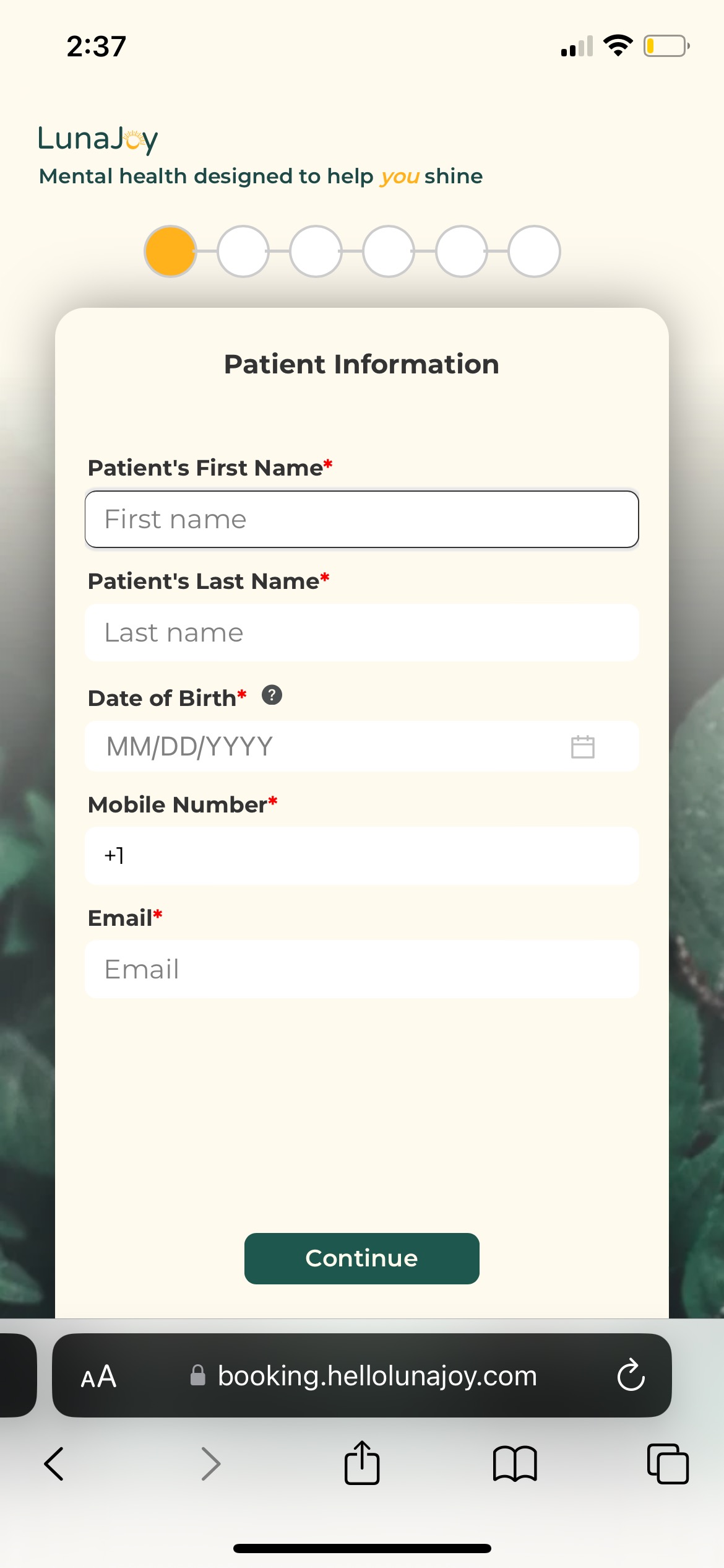 Lunajoy screenshot of patient information form to schedule appt