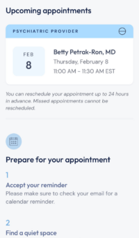 Brightside Health upcoming appointments view.