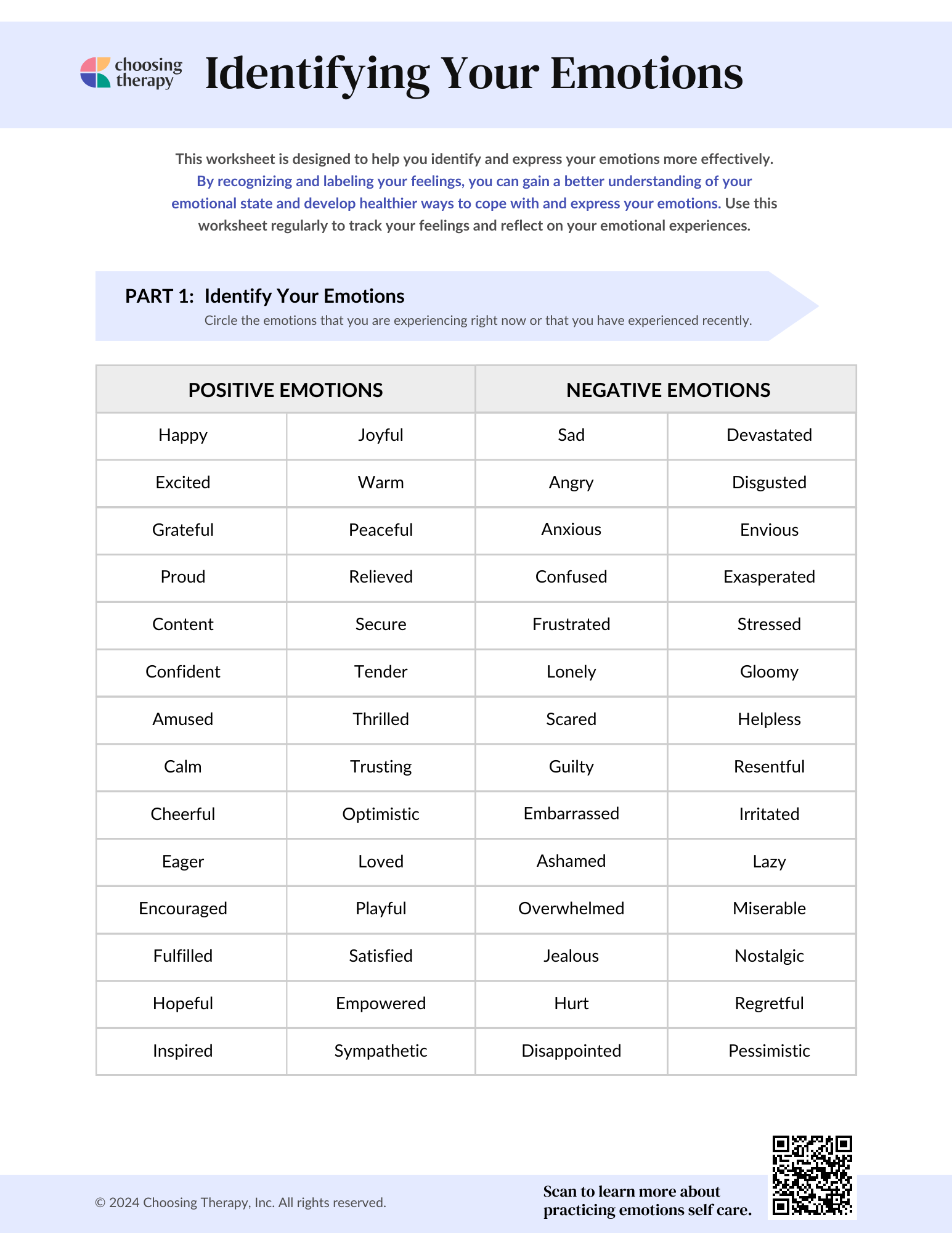 Identifying Your Emotions Worksheet