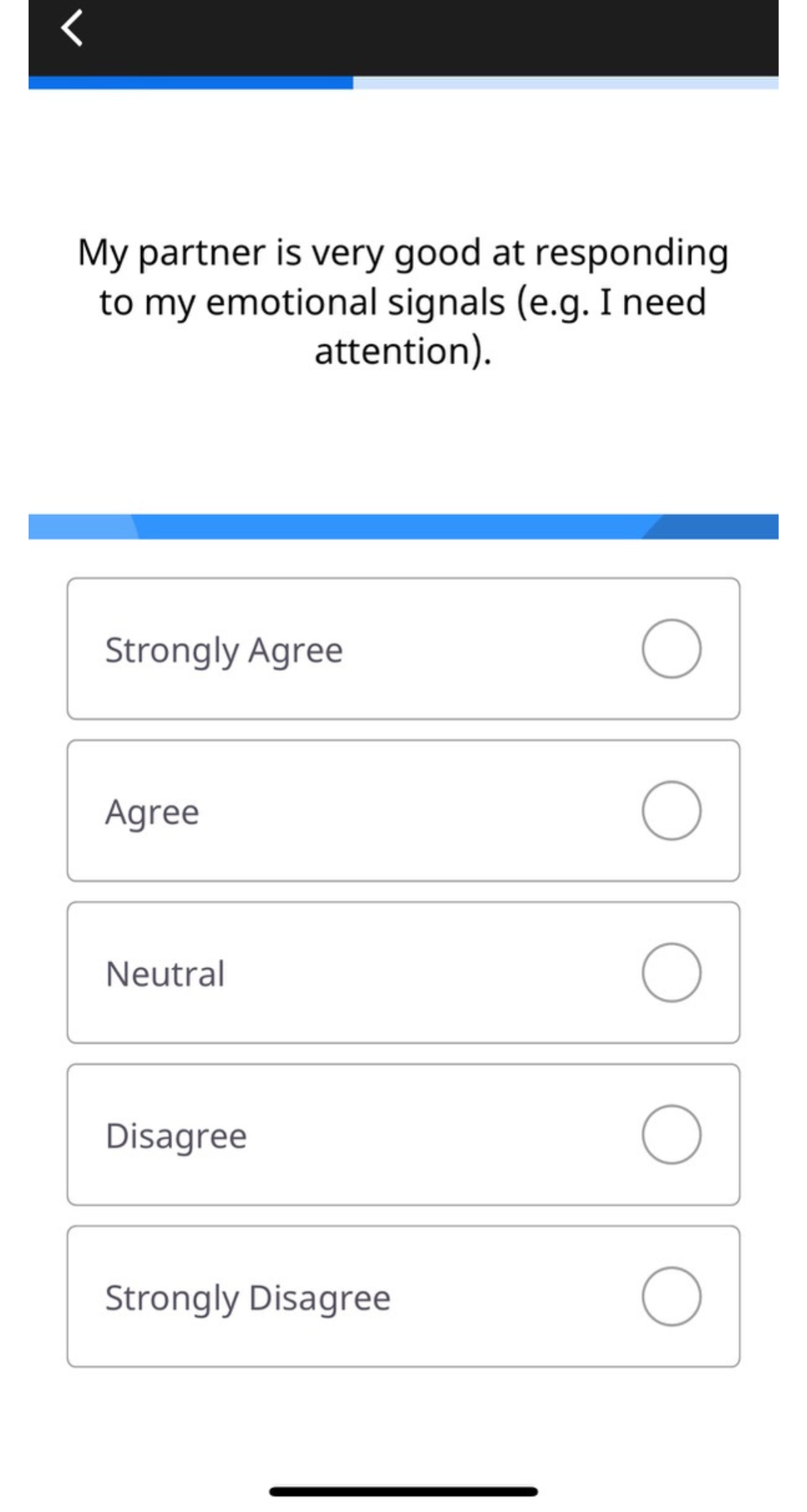 A screenshot from the Lasting app featuring a relationship survey question