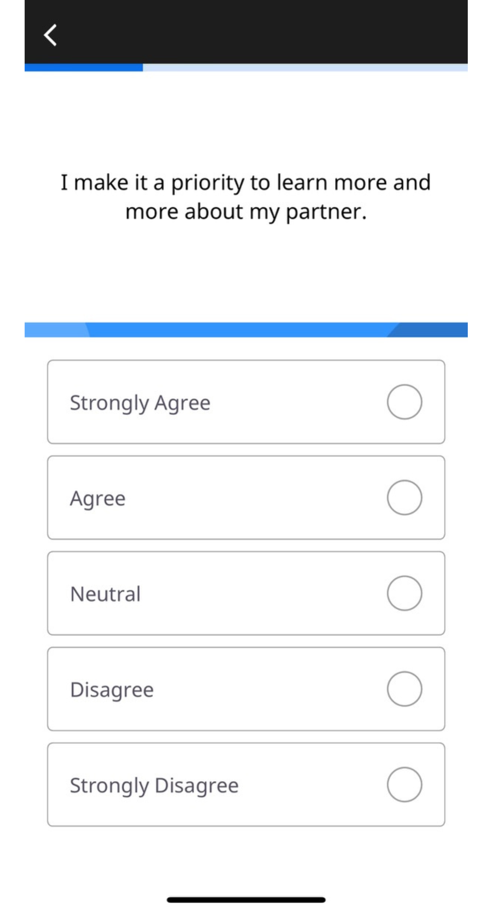 A screenshot from the Lasting app displaying a question_ _I make it a priority to learn more and more about my partner