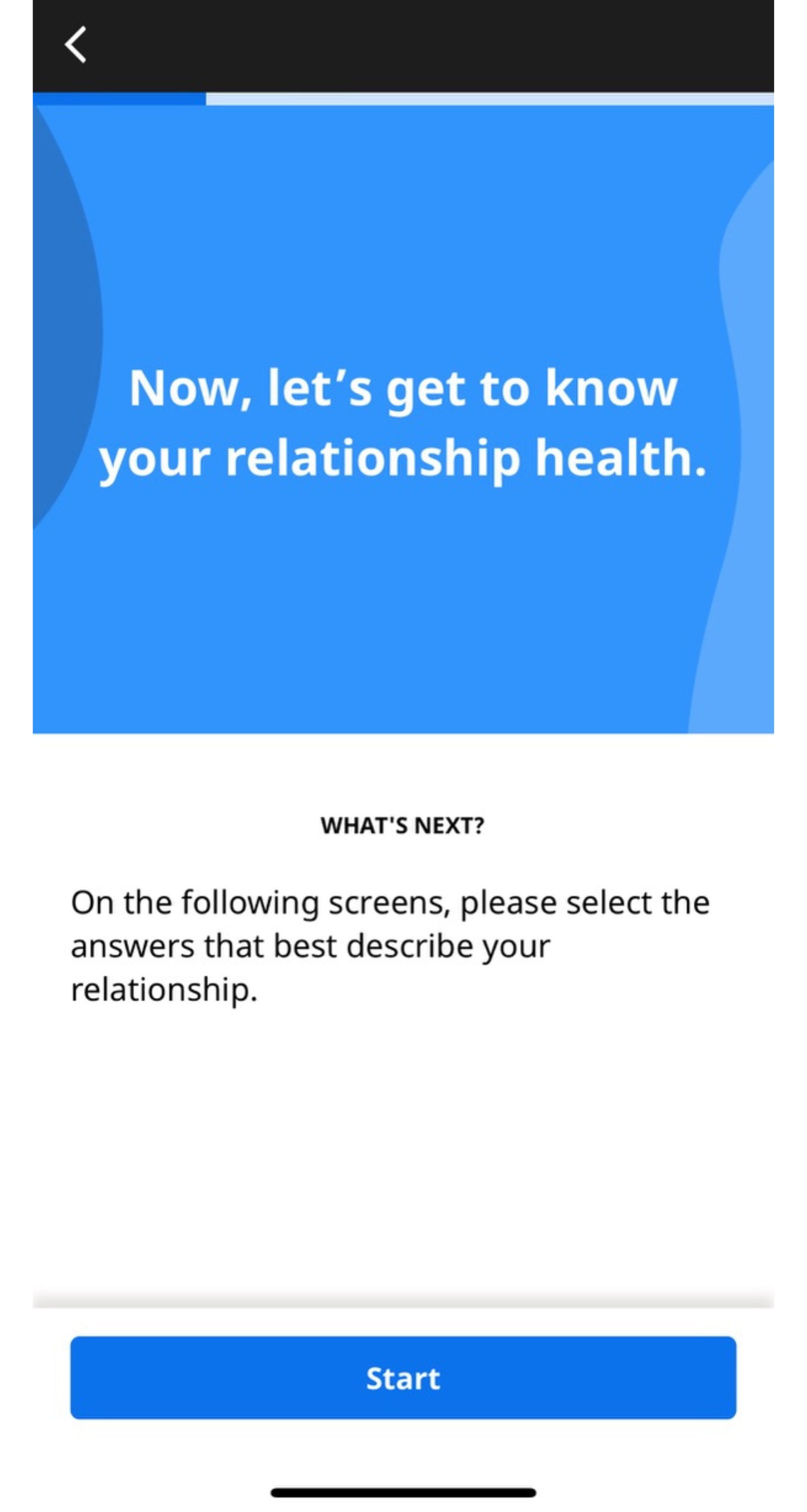 A screenshot from the Lasting app introducing the relationship health assessment