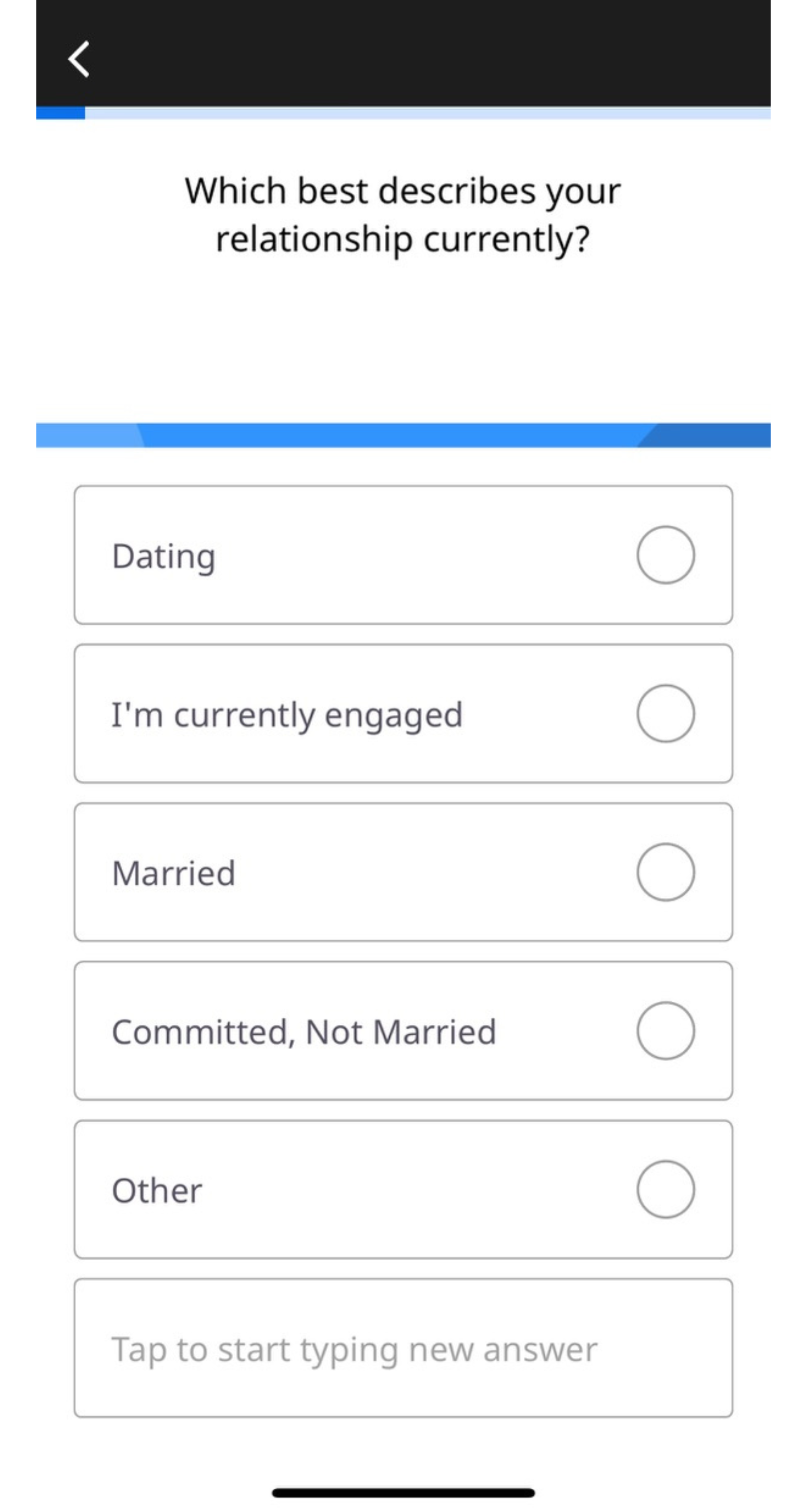 A screenshot from the Lasting app asking users to select their relationship status, with options including _Dating,_ _Engaged,_ _Married,_ _Committed, Not Married,_ and _Other