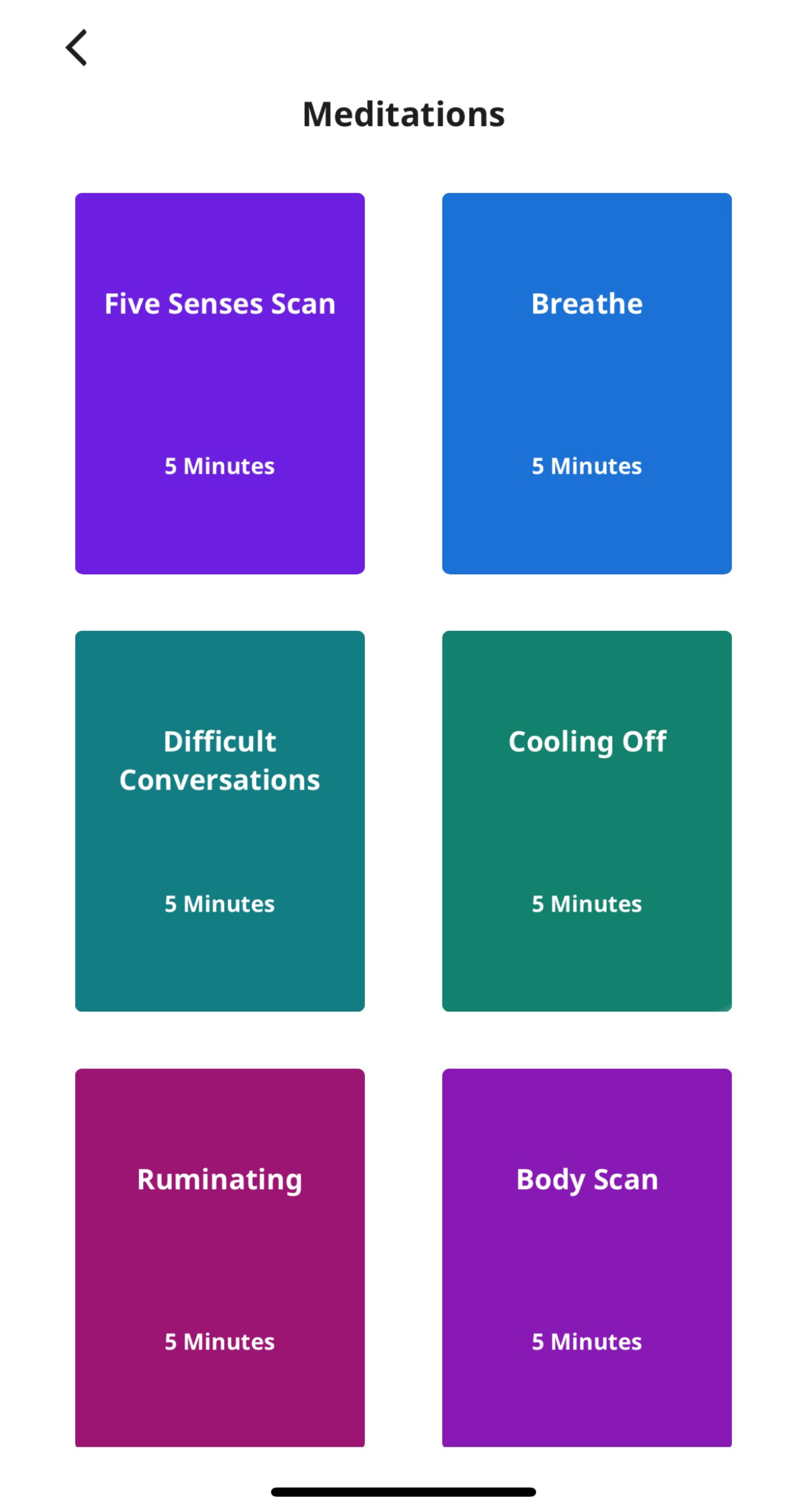 A screenshot from the Lasting app displaying a selection of six meditation exercises