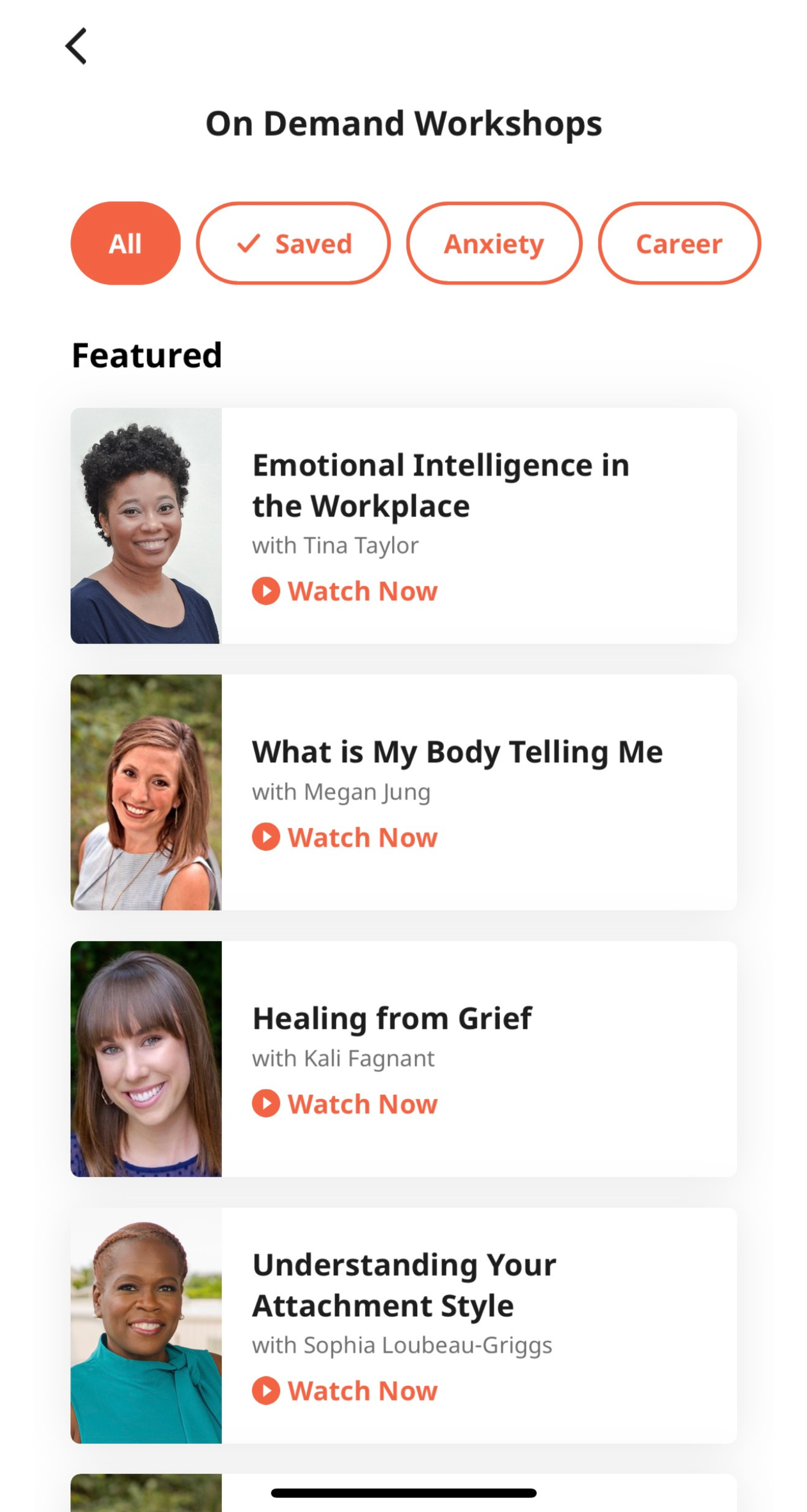 A screenshot from the Lasting app displaying a list of on-demand workshops