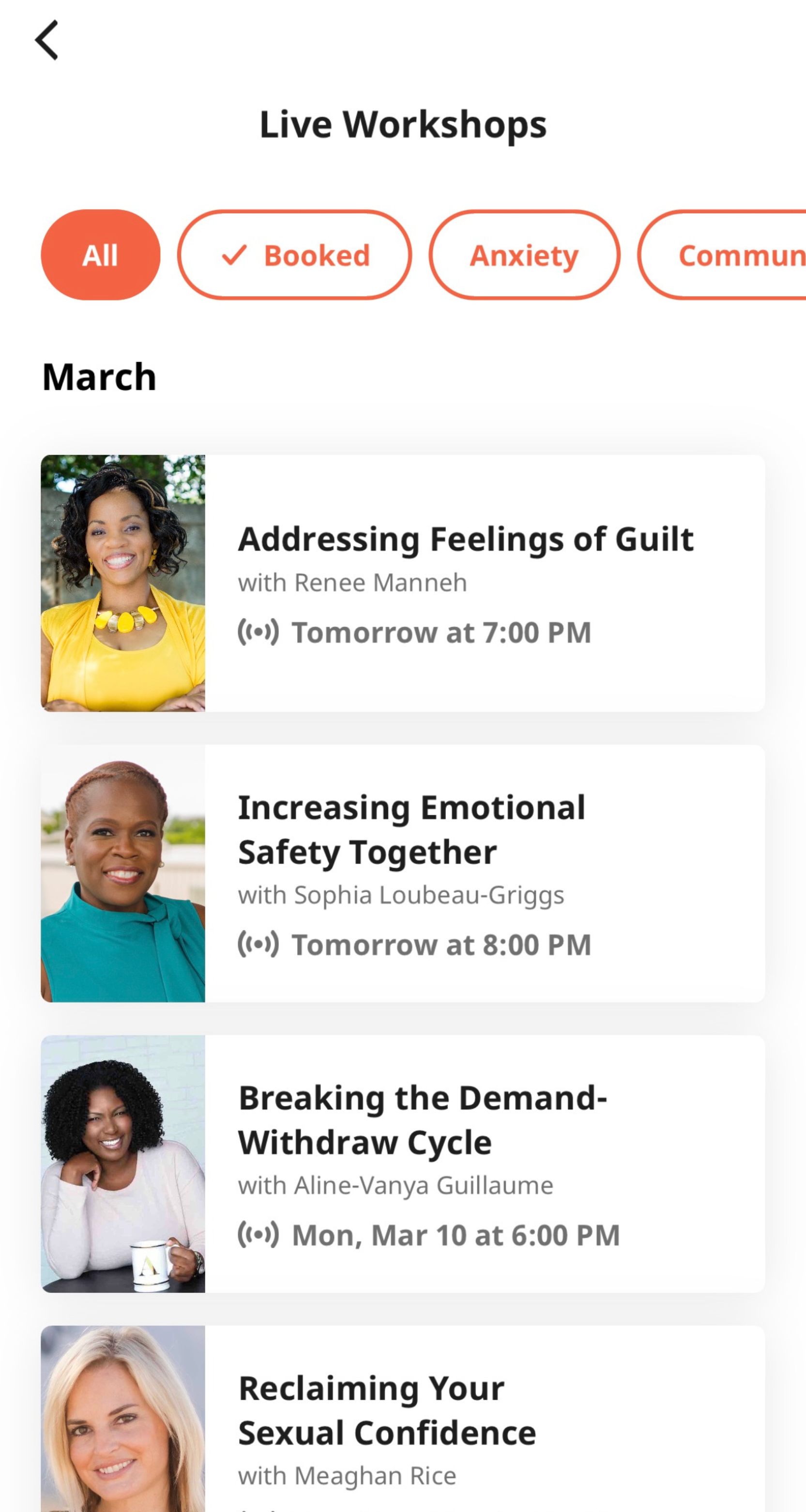 A screenshot from the Lasting app displaying a list of upcoming live workshops