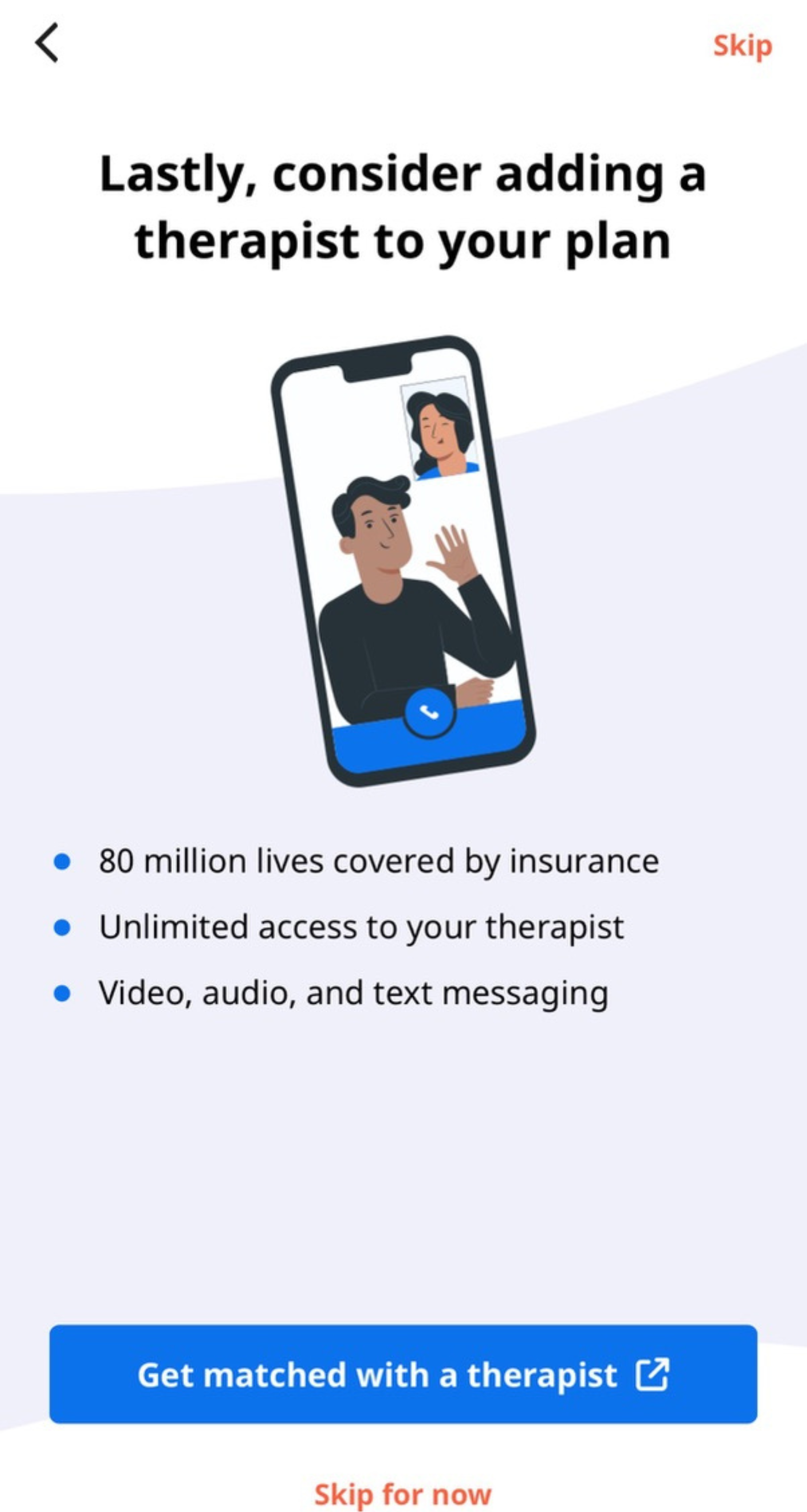 A screenshot from the Lasting app prompting users to consider adding a therapist to their plan