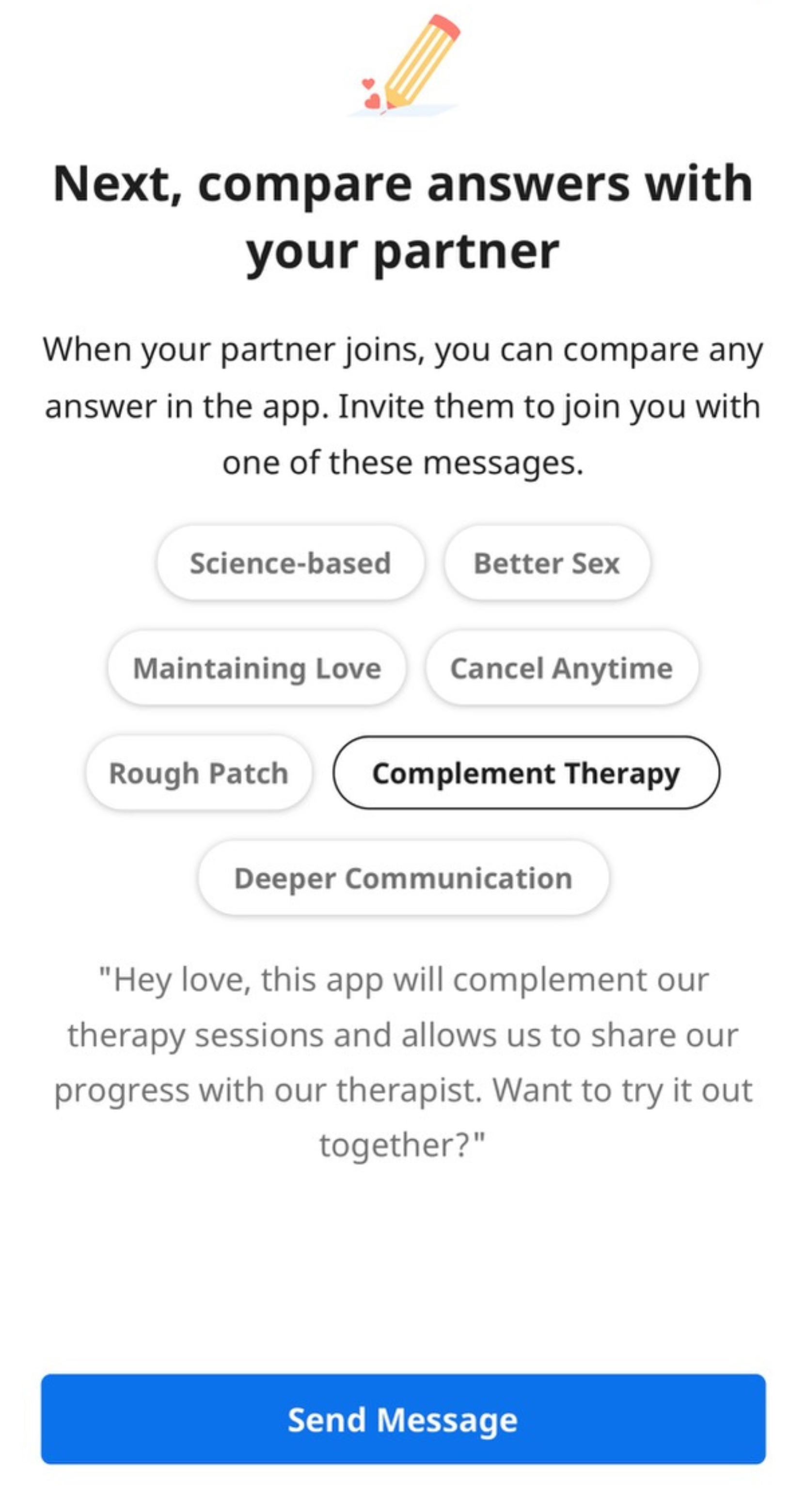 A screenshot from the Lasting app prompting users to compare answers with their partner