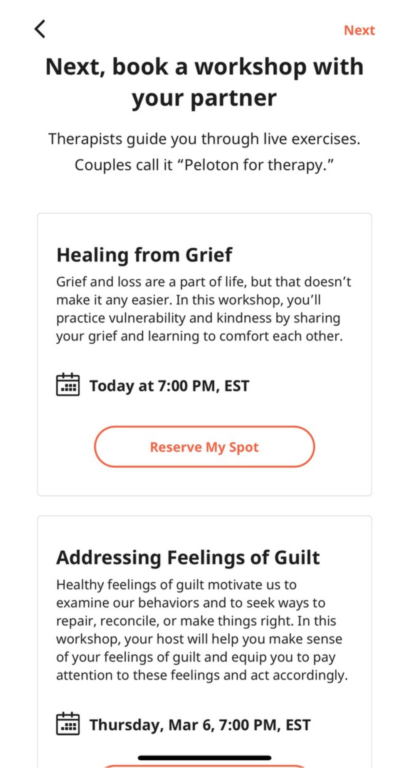 A screenshot from the Lasting app showing a workshop booking page