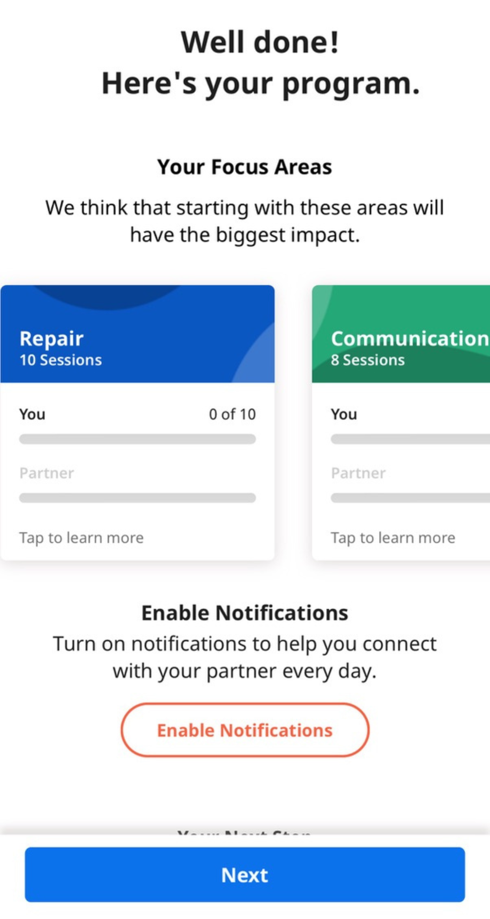 A screenshot from the Lasting app displaying a personalized relationship program