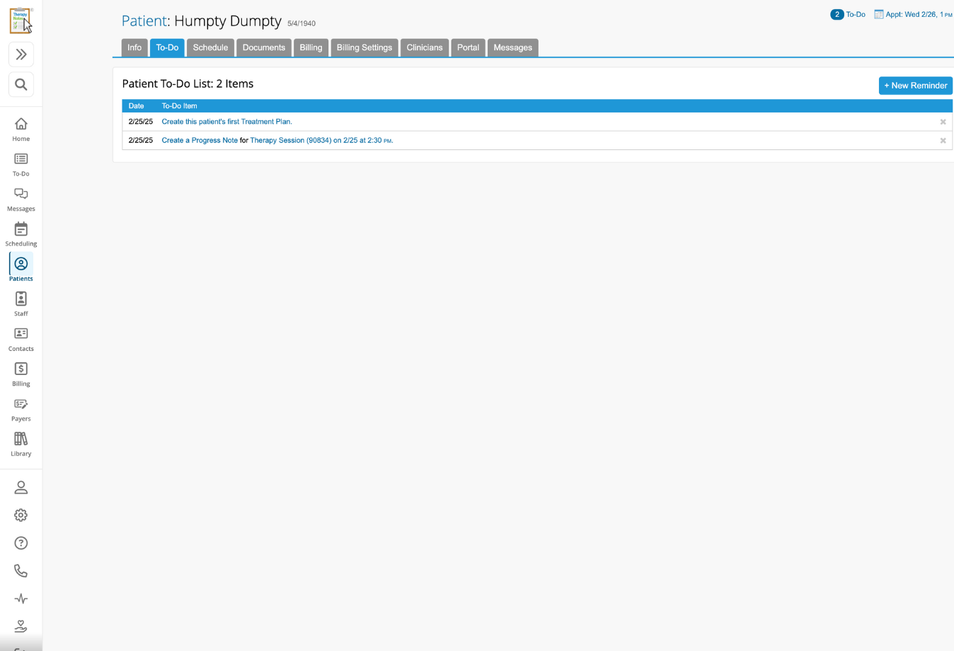 Image of TherapyNotes client to-do list