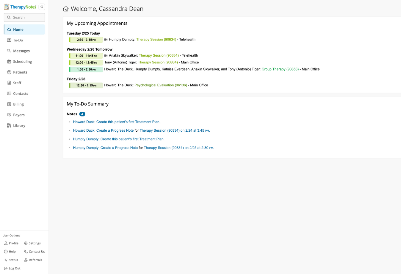 Image of TherapyNotes main dashboard