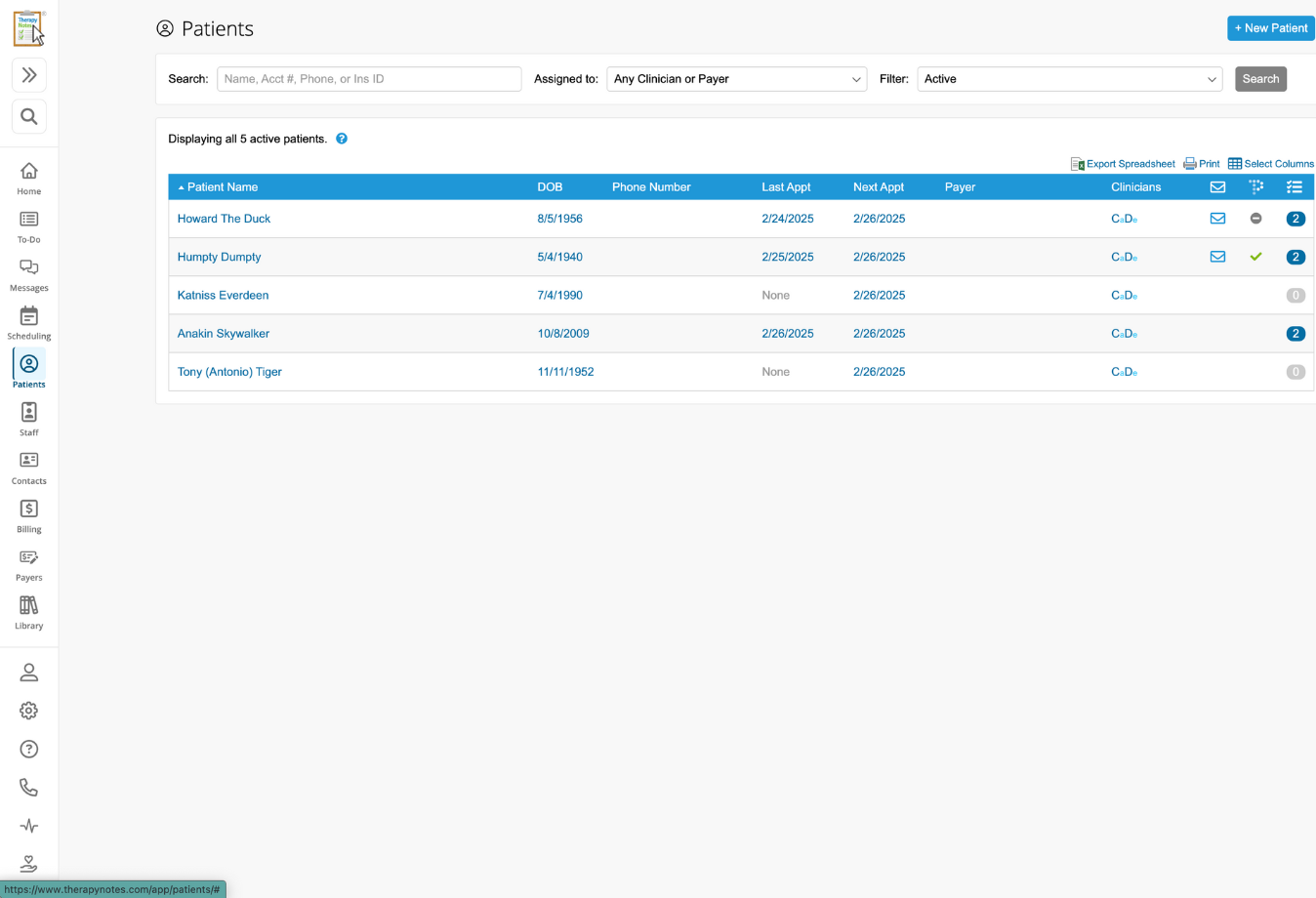 Image of TherapyNotes patient list