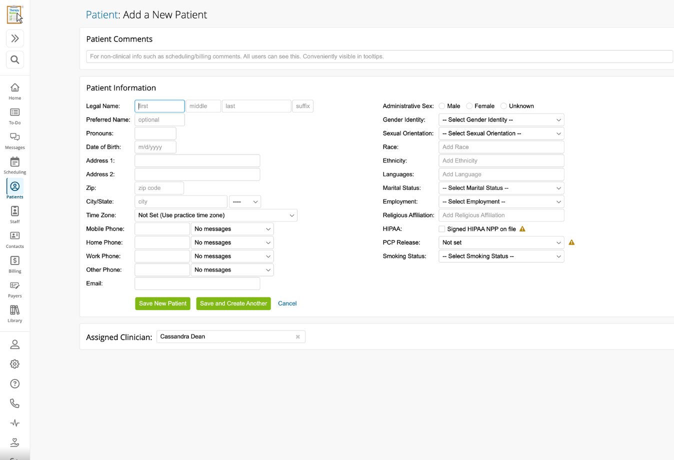 Image of TherapyNotes adding a patient