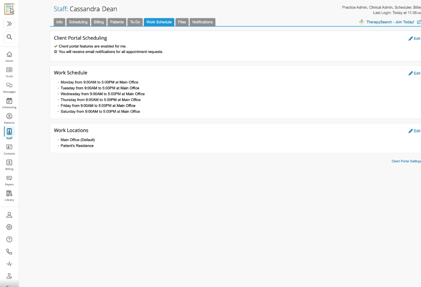 Image of TherapyNotes staff work schedule settings